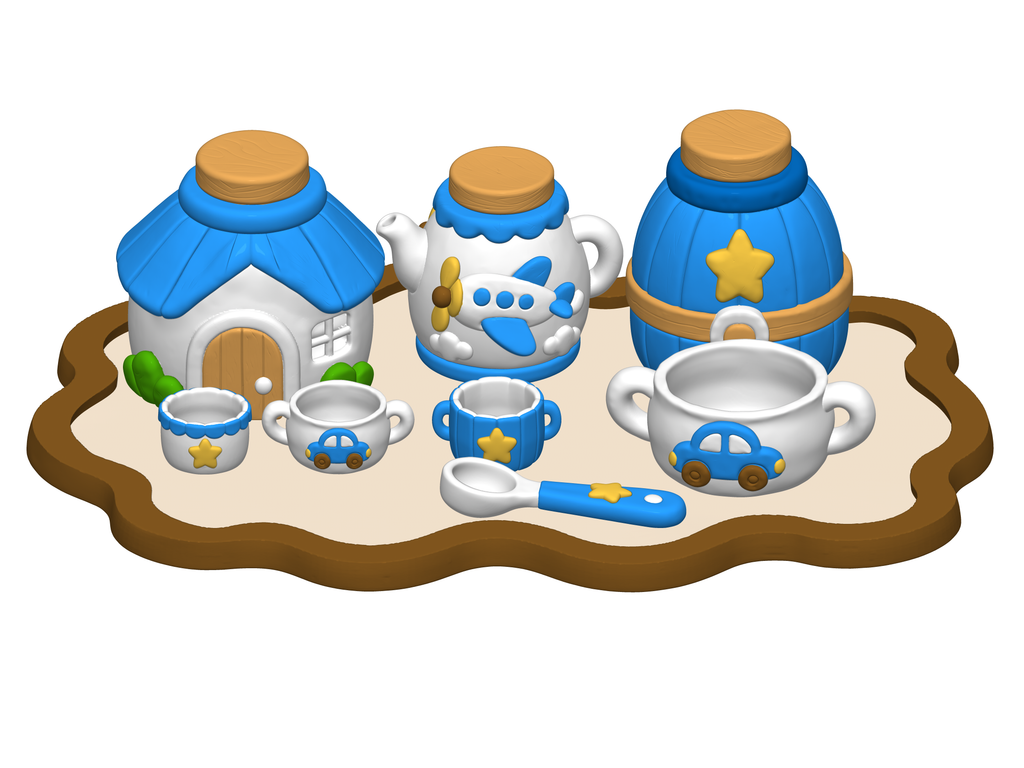Airplane and Car Playset STL Bundle with Teapot Cups Tray and Jars
