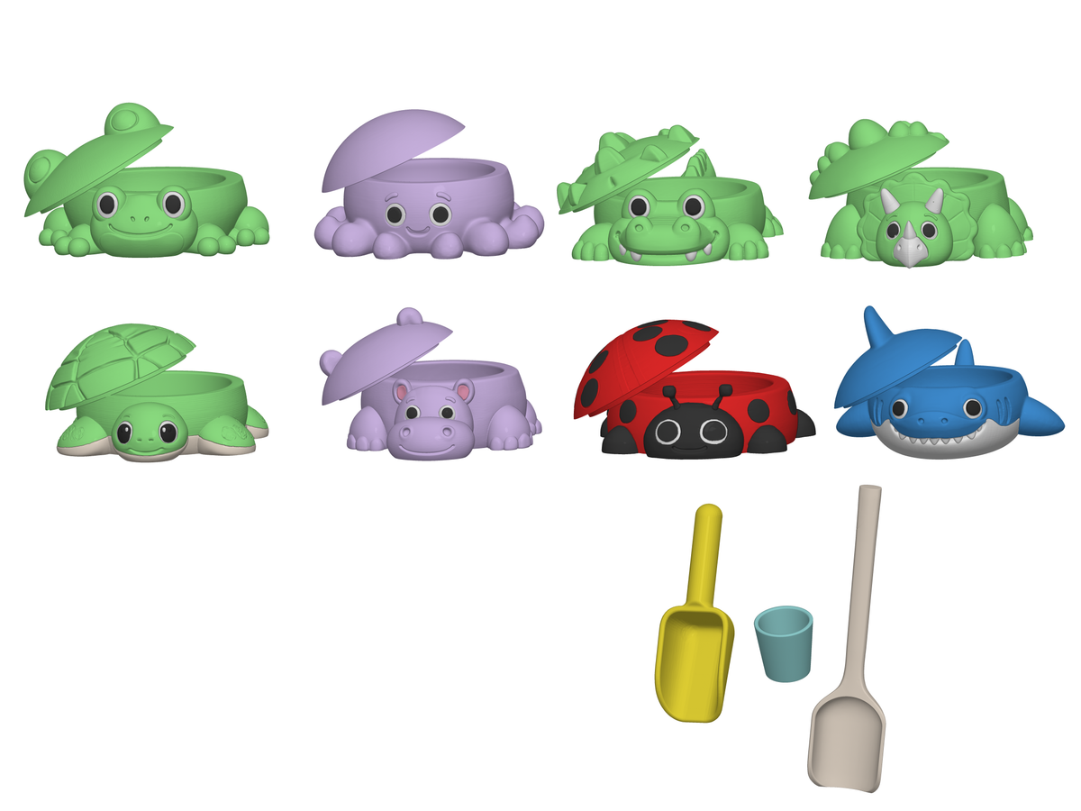Animal Sandbox Set STL with 8 Lidded Bowls Hippo Shark Octopus Croc