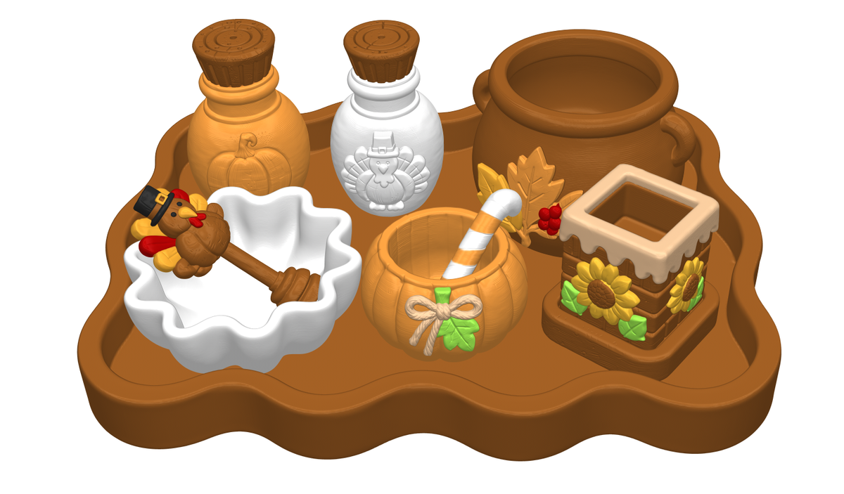 Thanksgiving Turkey Playset STL Bundle with Tray Bowls Jars and Pot