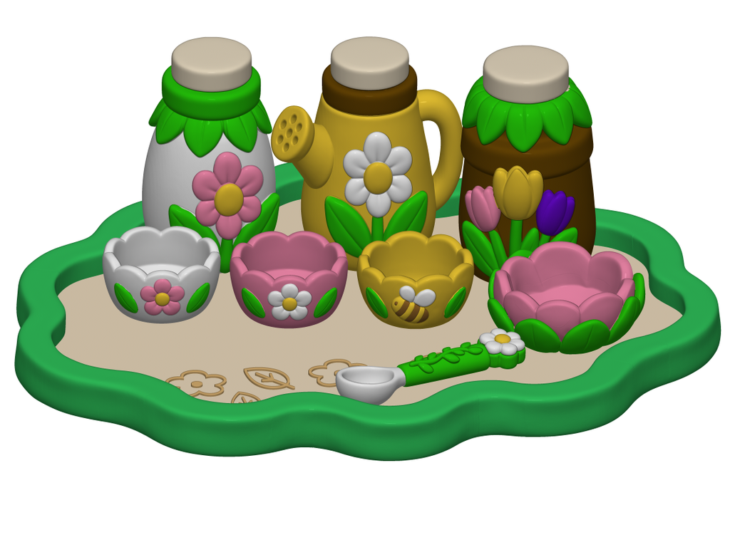 Flower Garden Playset STL Bundle with Tray Bowls Jars and Watering Can