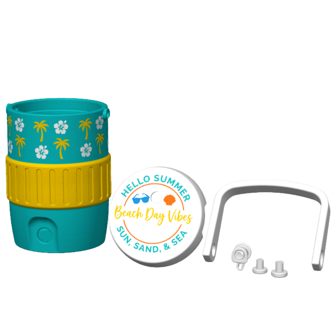 Summer Beach Mini Jug Can Cooler STL File with Palm Trees and Hibiscus