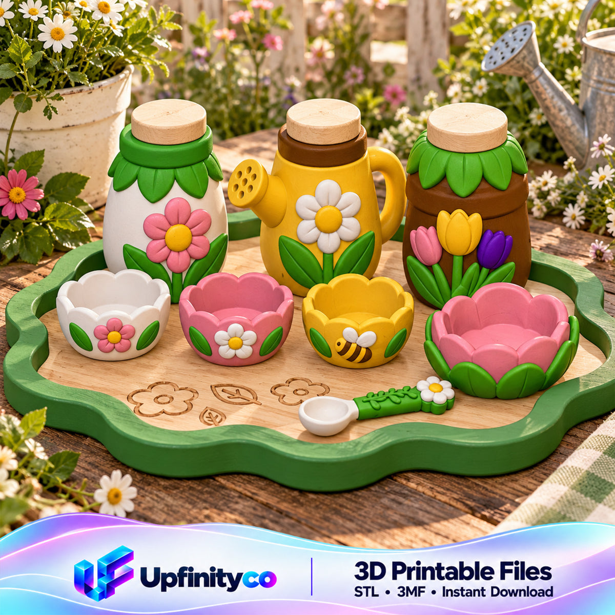 Flower Garden Playset STL Bundle with Tray Bowls Jars and Watering Can