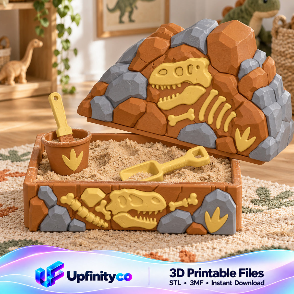 Dinosaur Sandbox STL Bundle with Rock Lid Fossil Bucket and Scoop