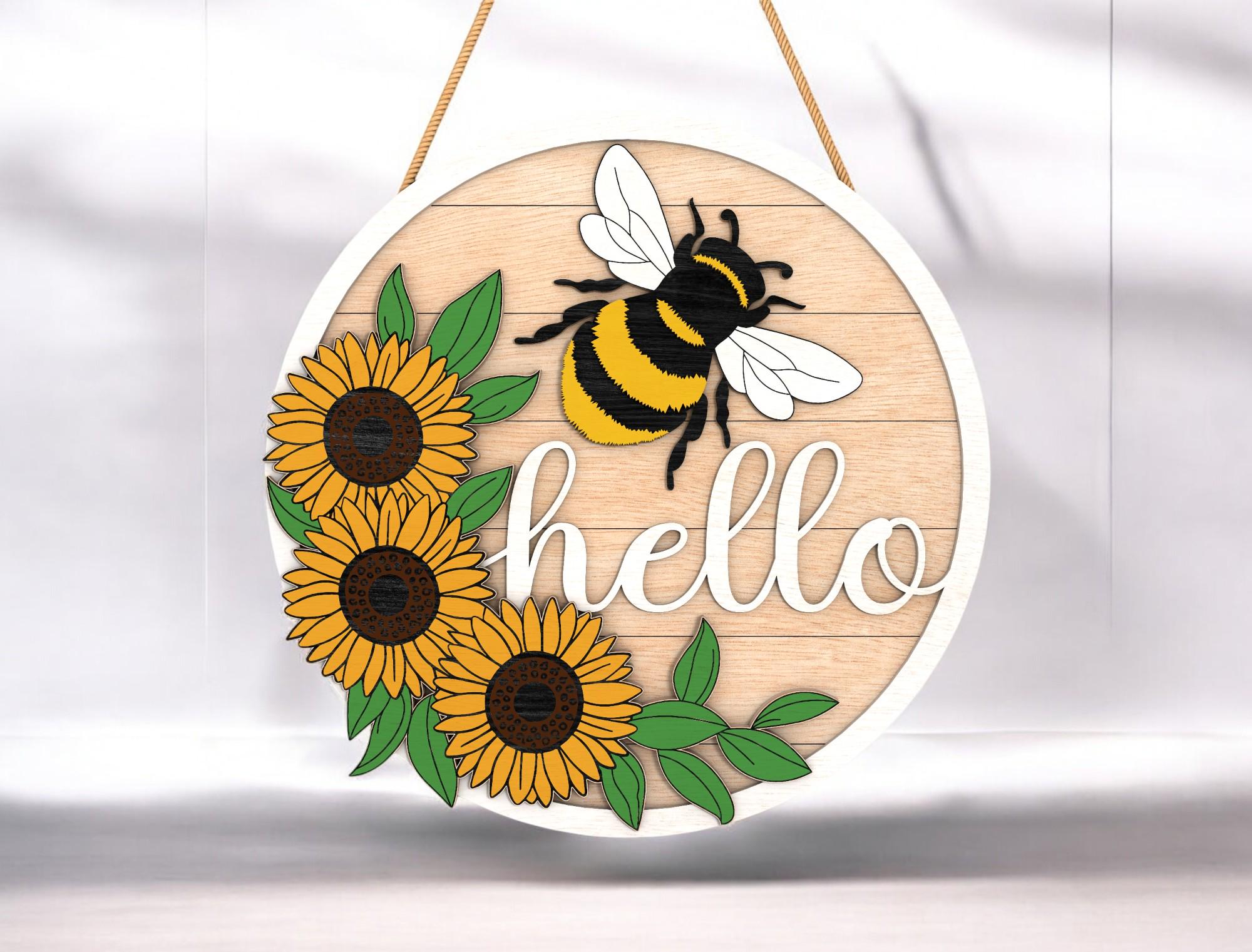 Hello Door Hanger, Bee Front Door Decor, Front Door Sign, Bee and Sunflower MDF Decor, Farmhouse Hello Sign