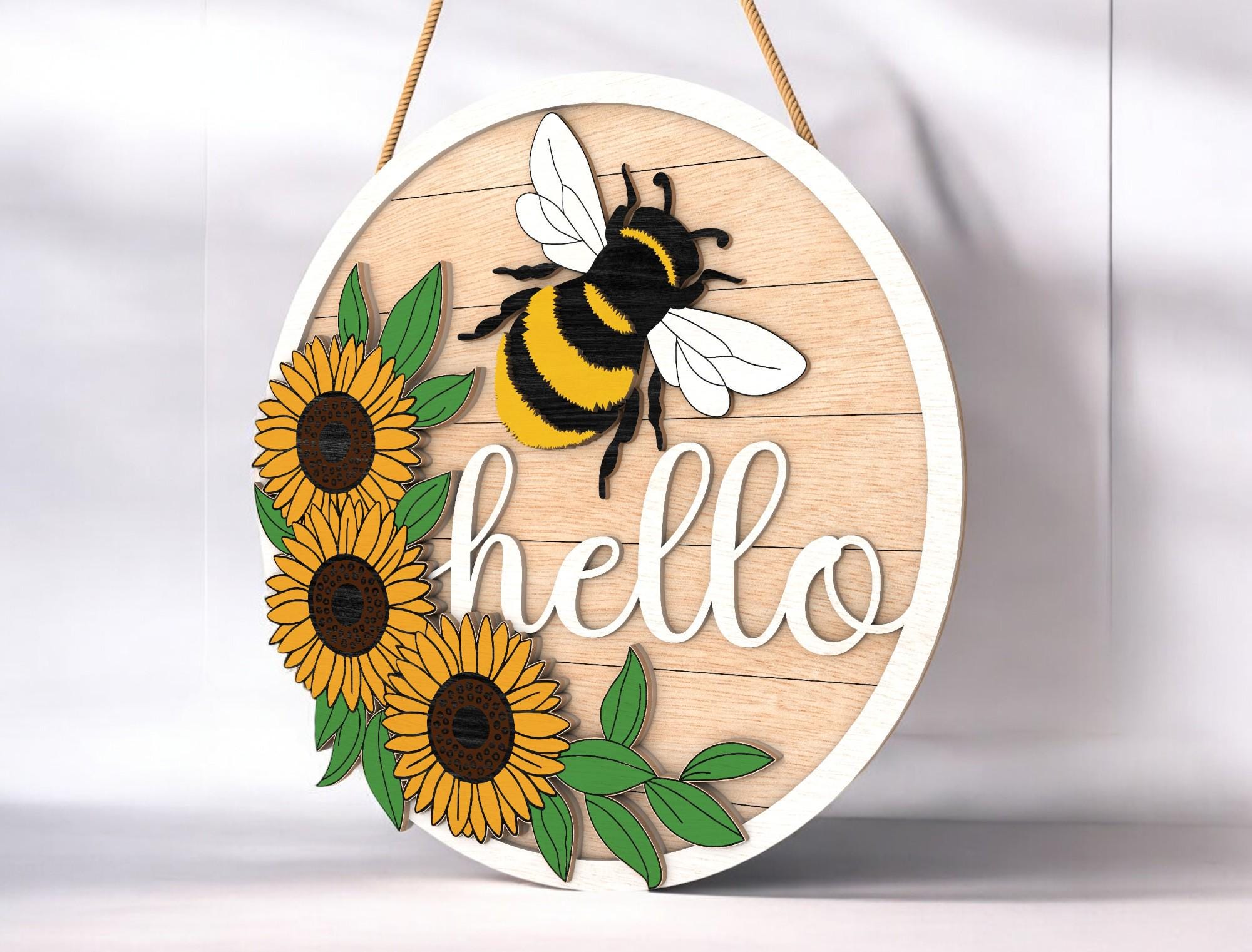 Hello Door Hanger, Bee Front Door Decor, Front Door Sign, Bee and Sunflower MDF Decor, Farmhouse Hello Sign