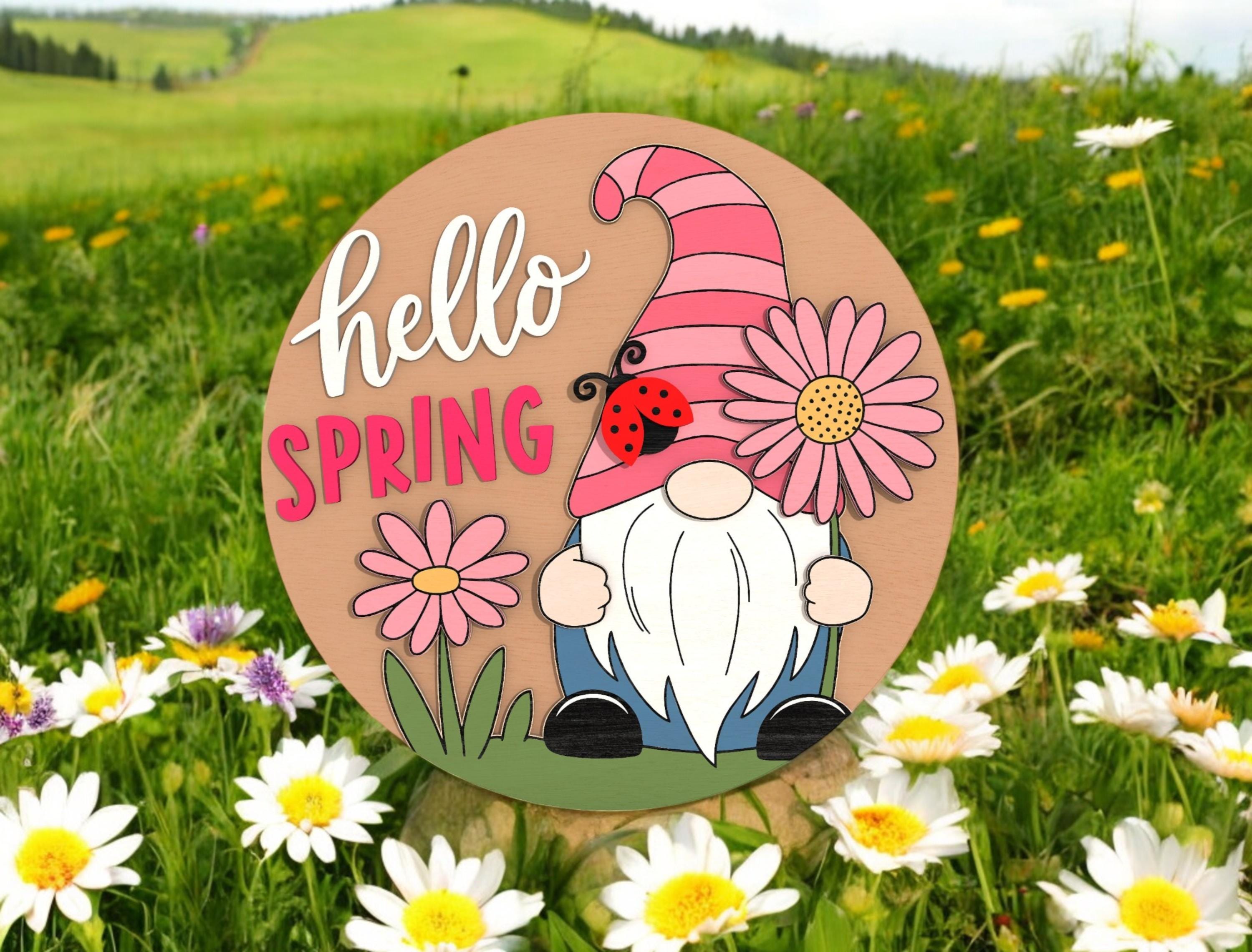 Hello Spring Gnome DIY Door Hanger Kit, Easter Door Sign, Laser Cut Wood Craft Kit, Hello Spring Round Sign with Daisy and Ladybug
