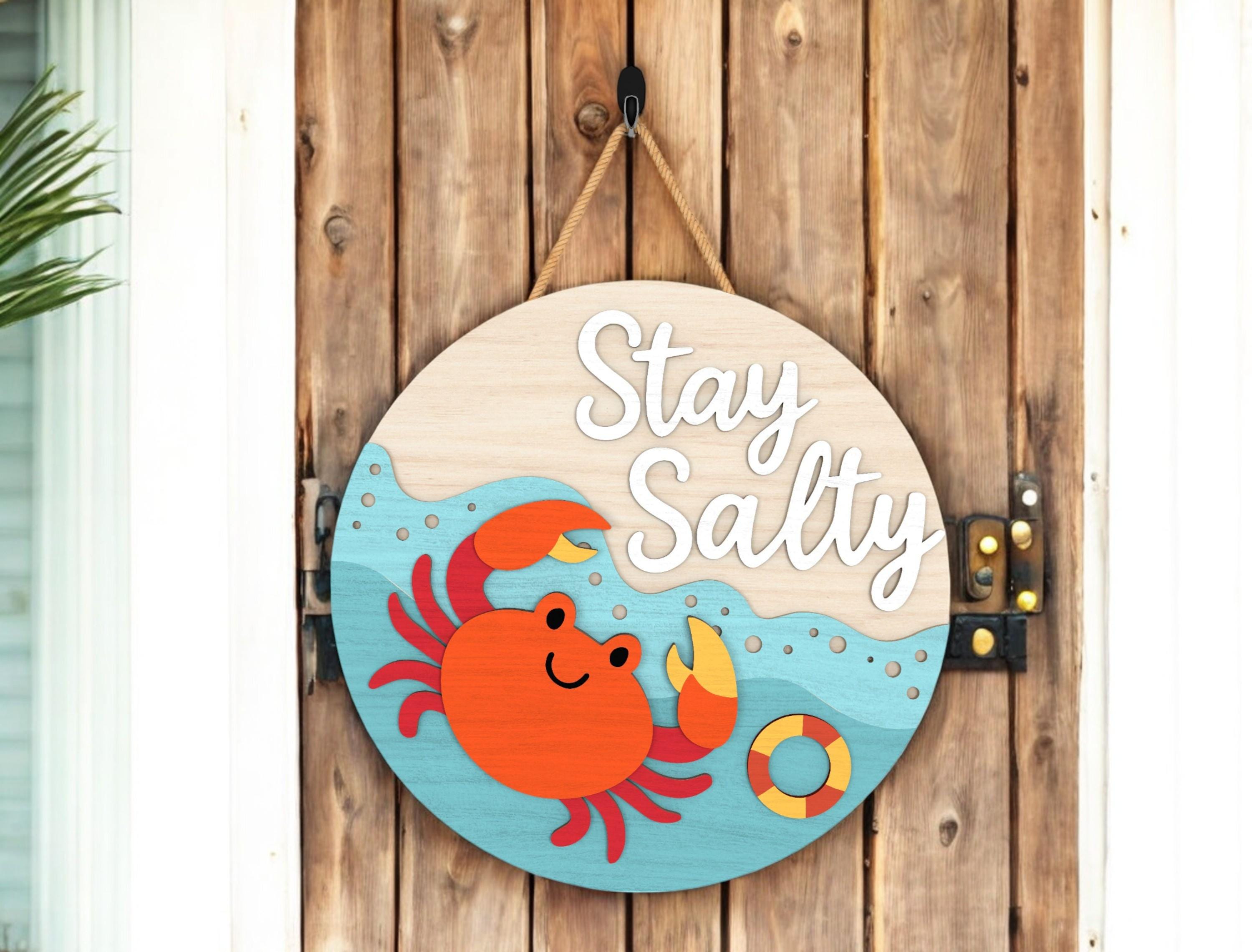 Stay Salty Crab DIY Door Hanger Kit, Summer Door Sign, Laser Cut Wood Craft Kit, Coastal Round Summer Decor, Cute Beach Ocean Door Hanger