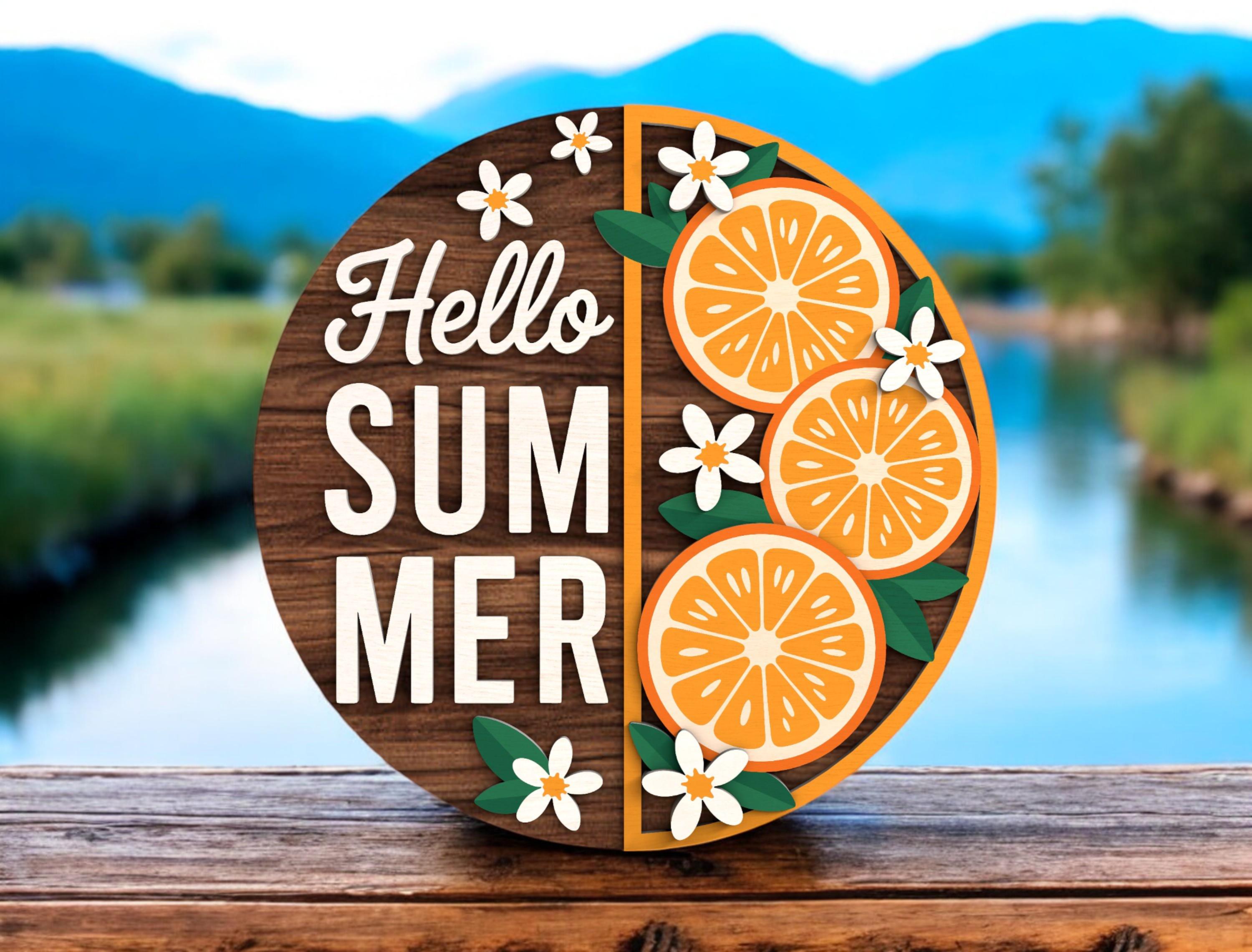 Hello Summer Door Hanger, Front Door Decor, Front Door Sign, Hello Summer Orange Slice Door Sign, Citrus Fruit Door Hanger, Floral Wall Art