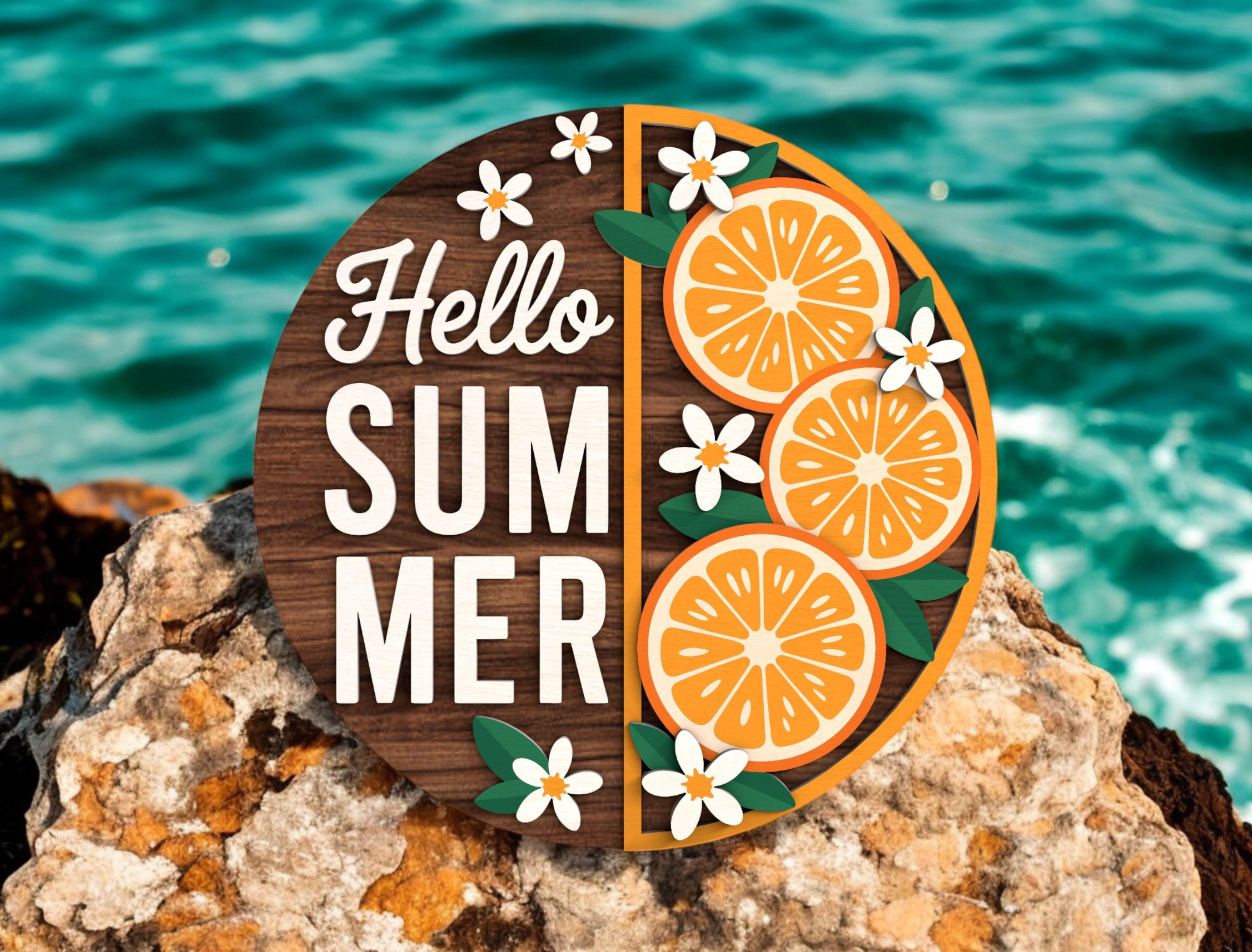 Hello Summer Door Hanger, Front Door Decor, Front Door Sign, Hello Summer Orange Slice Door Sign, Citrus Fruit Door Hanger, Floral Wall Art