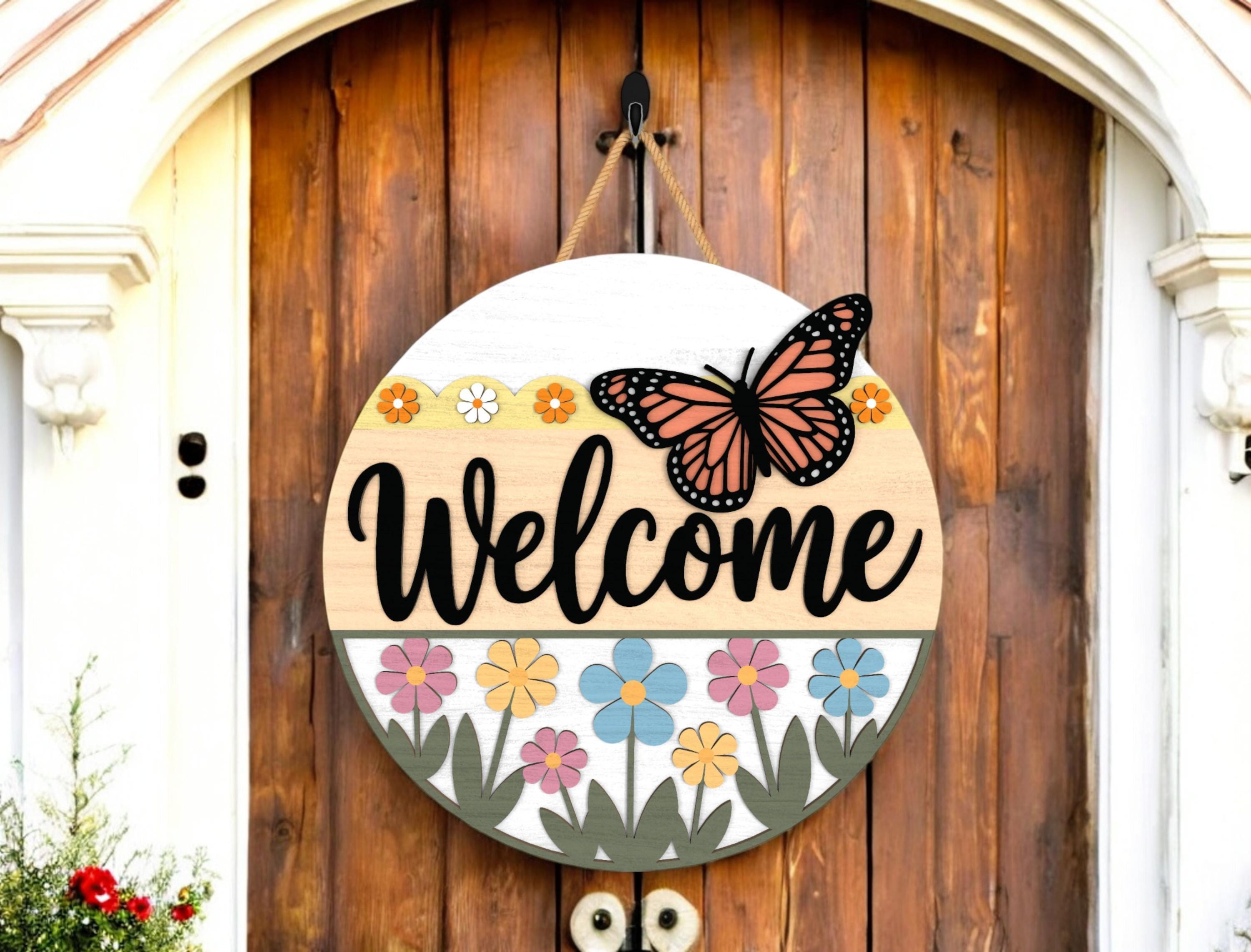 Floral Door hanger, Door hanger for summer, Butterfly Welcome Sign, Spring Summer Porch Decor, Farmhouse Garden Welcome Round
