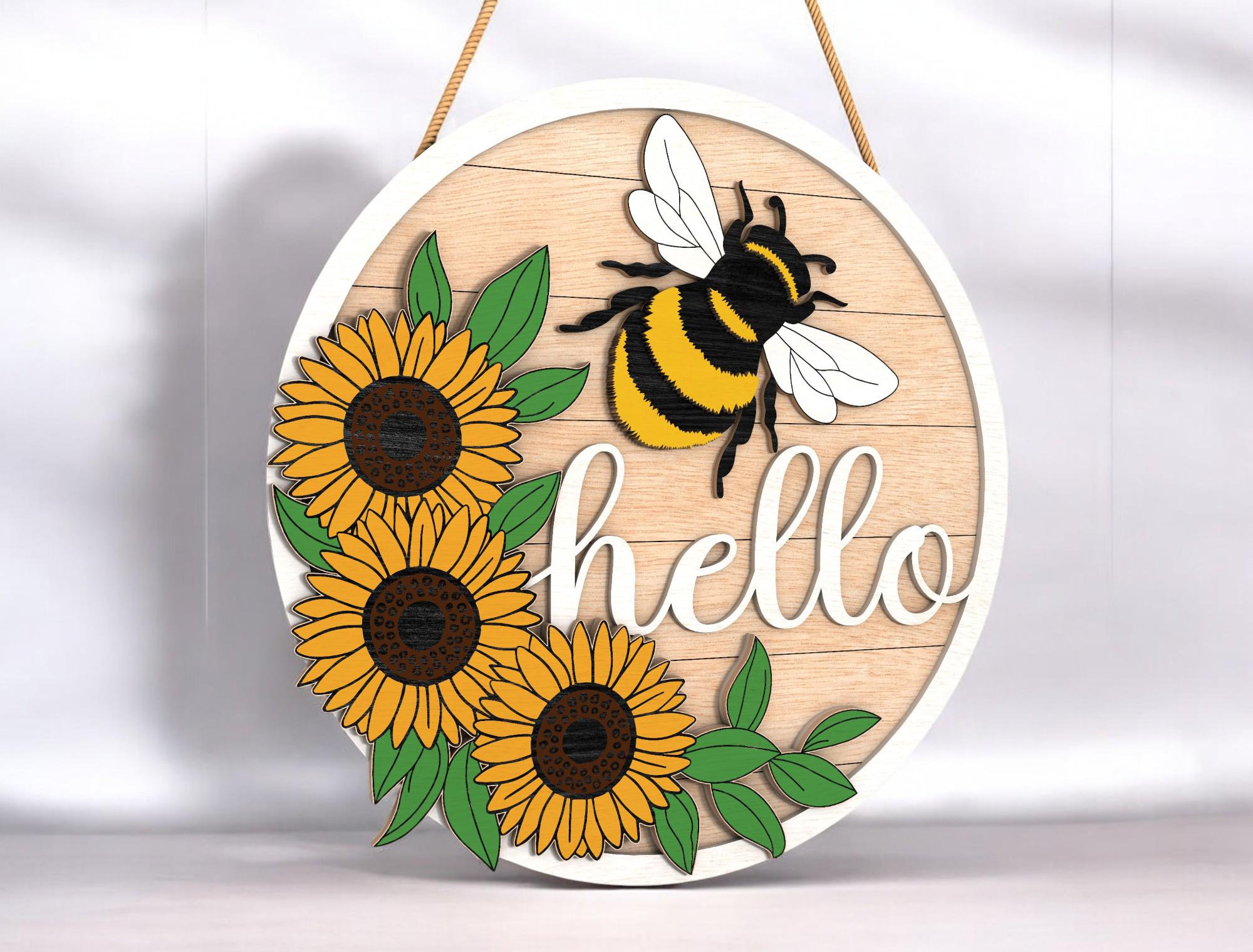 Hello Door Hanger, Bee Front Door Decor, Front Door Sign, Bee and Sunflower MDF Decor, Farmhouse Hello Sign