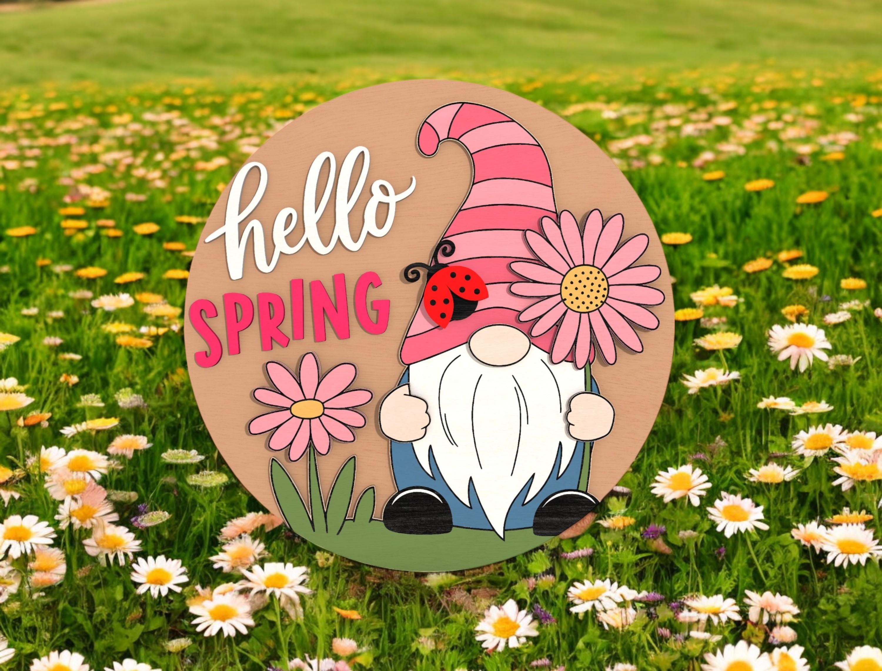 Hello Spring Gnome DIY Door Hanger Kit, Easter Door Sign, Laser Cut Wood Craft Kit, Hello Spring Round Sign with Daisy and Ladybug