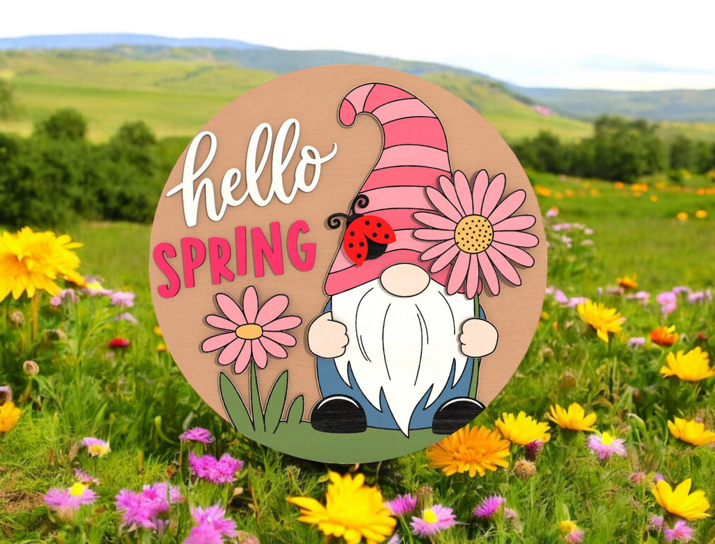 Hello Spring Gnome DIY Door Hanger Kit, Easter Door Sign, Laser Cut Wood Craft Kit, Hello Spring Round Sign with Daisy and Ladybug