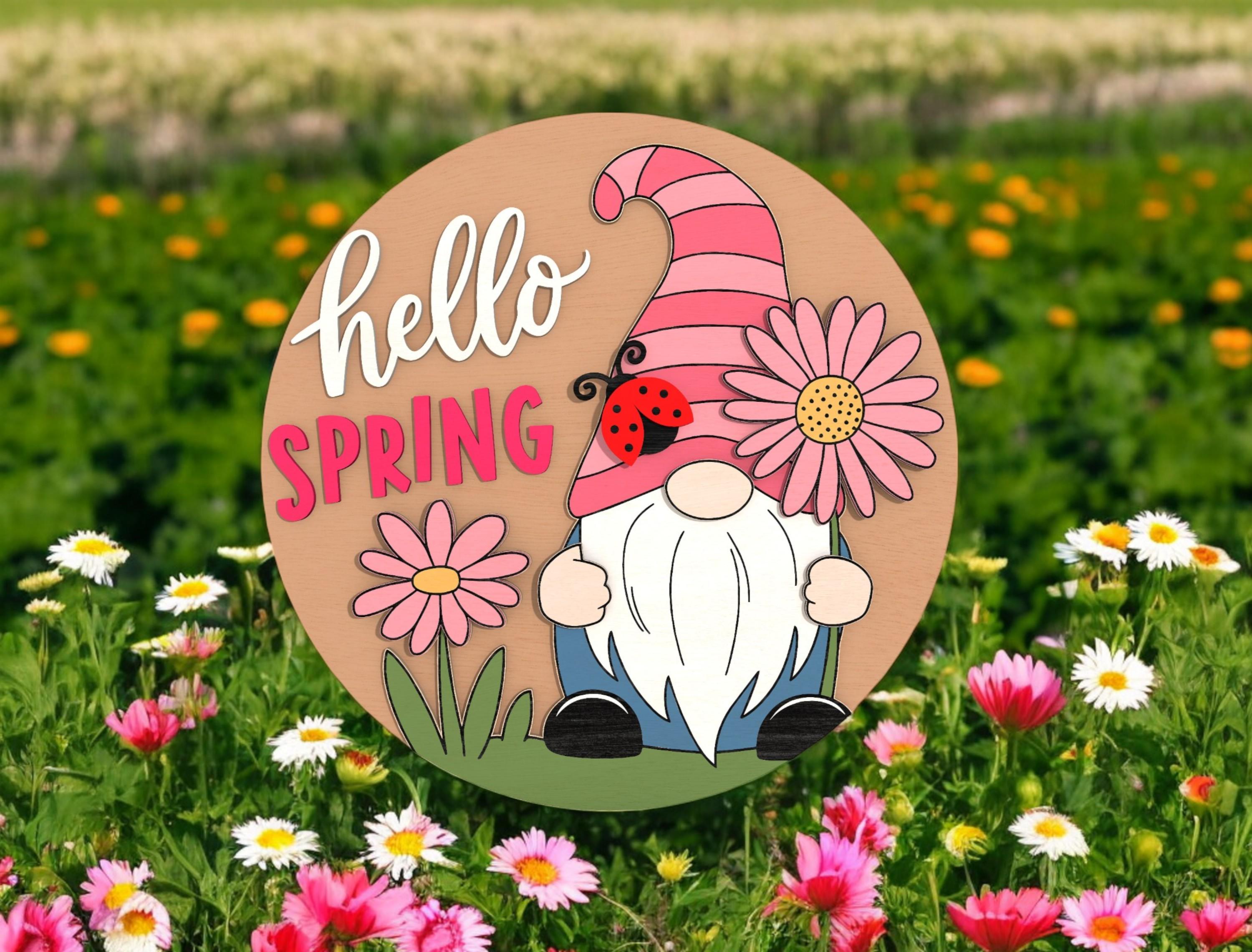 Hello Spring Gnome DIY Door Hanger Kit, Easter Door Sign, Laser Cut Wood Craft Kit, Hello Spring Round Sign with Daisy and Ladybug