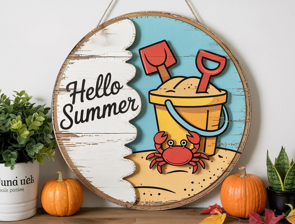 Hello Summer Beach Door Sign – Crab and Sand Bucket Wooden Decor, Coastal Summer Welcome Sign, Cute Seaside Porch Wall Art for Summer Vibes