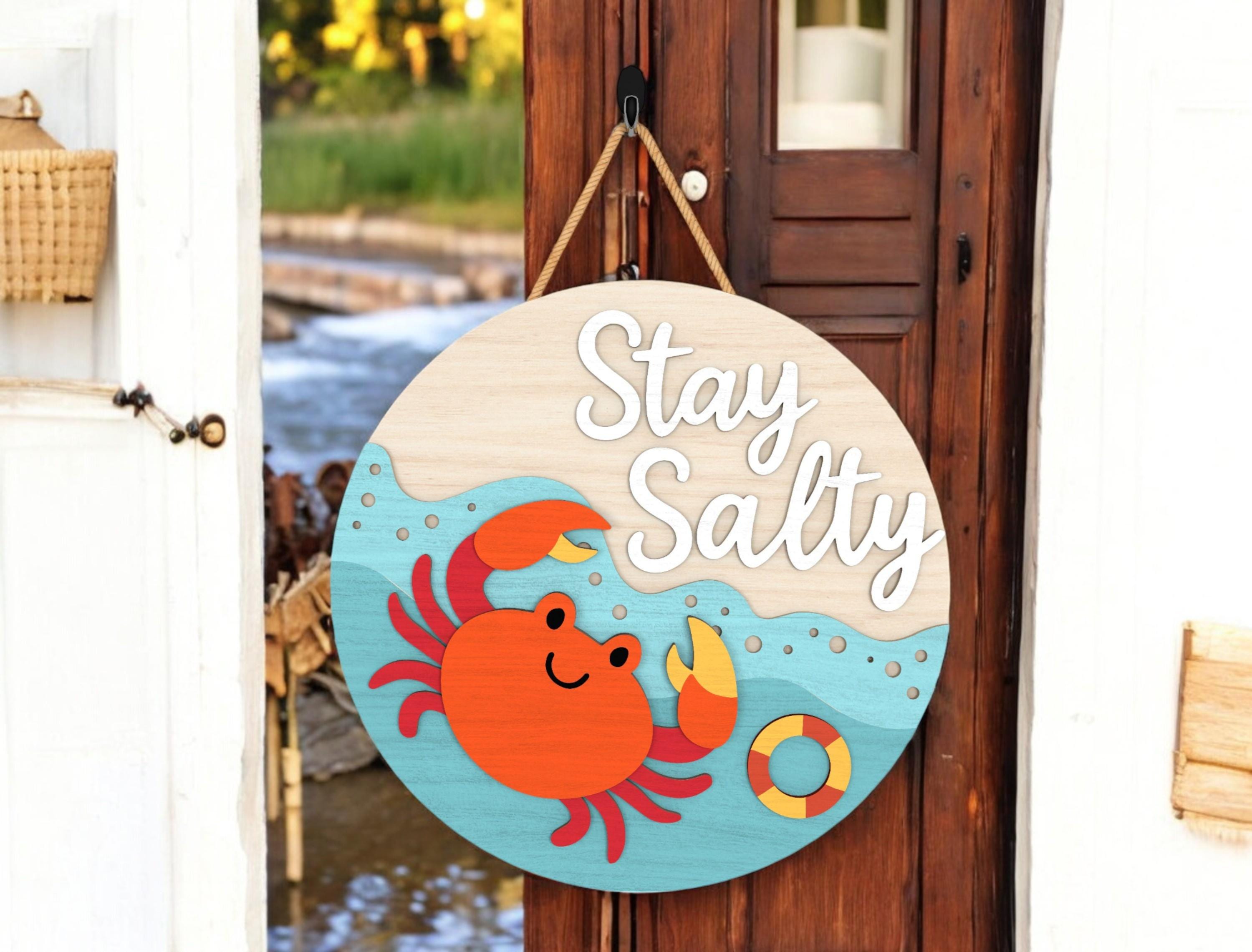 Stay Salty Crab DIY Door Hanger Kit, Summer Door Sign, Laser Cut Wood Craft Kit, Coastal Round Summer Decor, Cute Beach Ocean Door Hanger