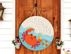 Stay Salty Crab DIY Door Hanger Kit, Summer Door Sign, Laser Cut Wood Craft Kit, Coastal Round Summer Decor, Cute Beach Ocean Door Hanger