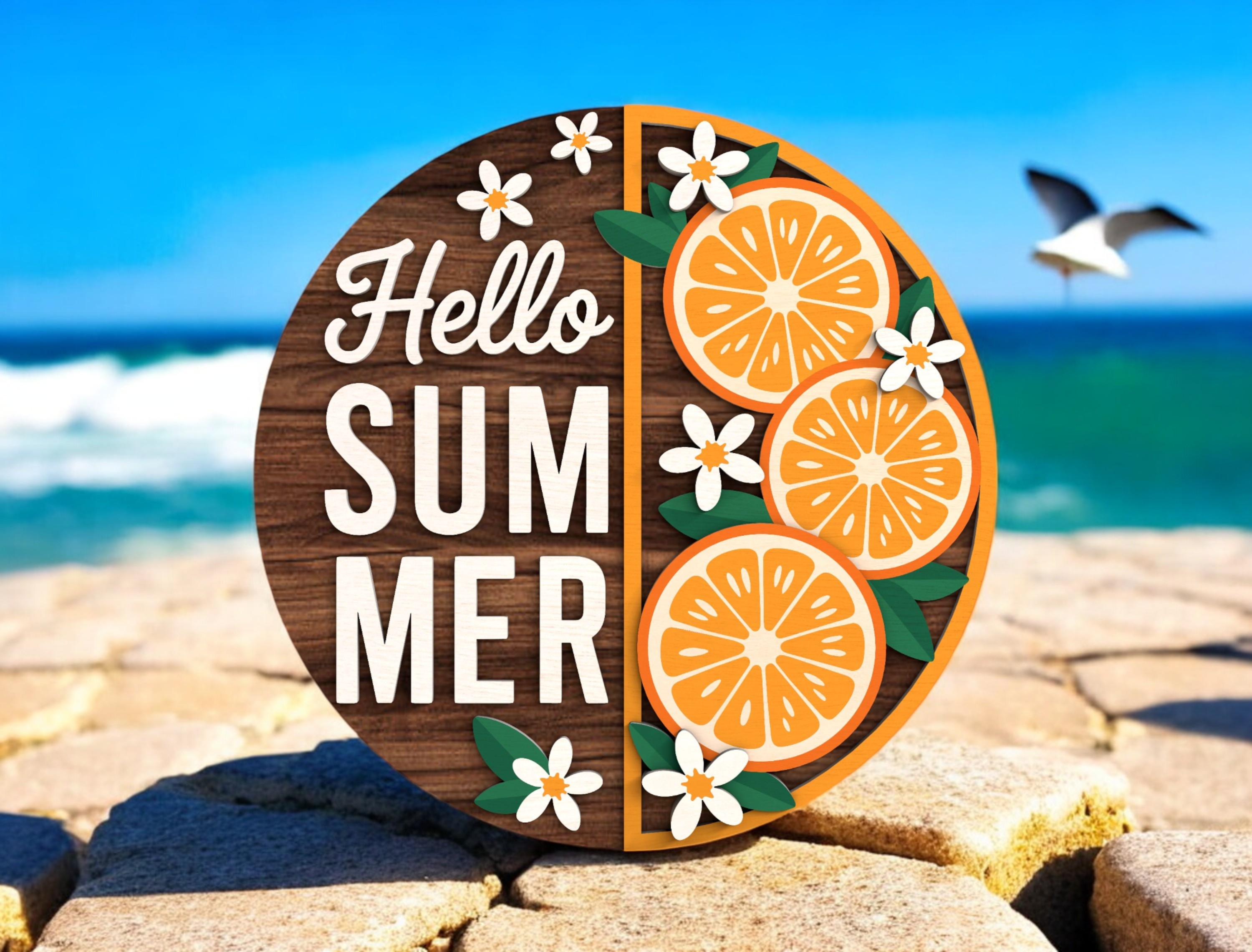 Hello Summer Door Hanger, Front Door Decor, Front Door Sign, Hello Summer Orange Slice Door Sign, Citrus Fruit Door Hanger, Floral Wall Art