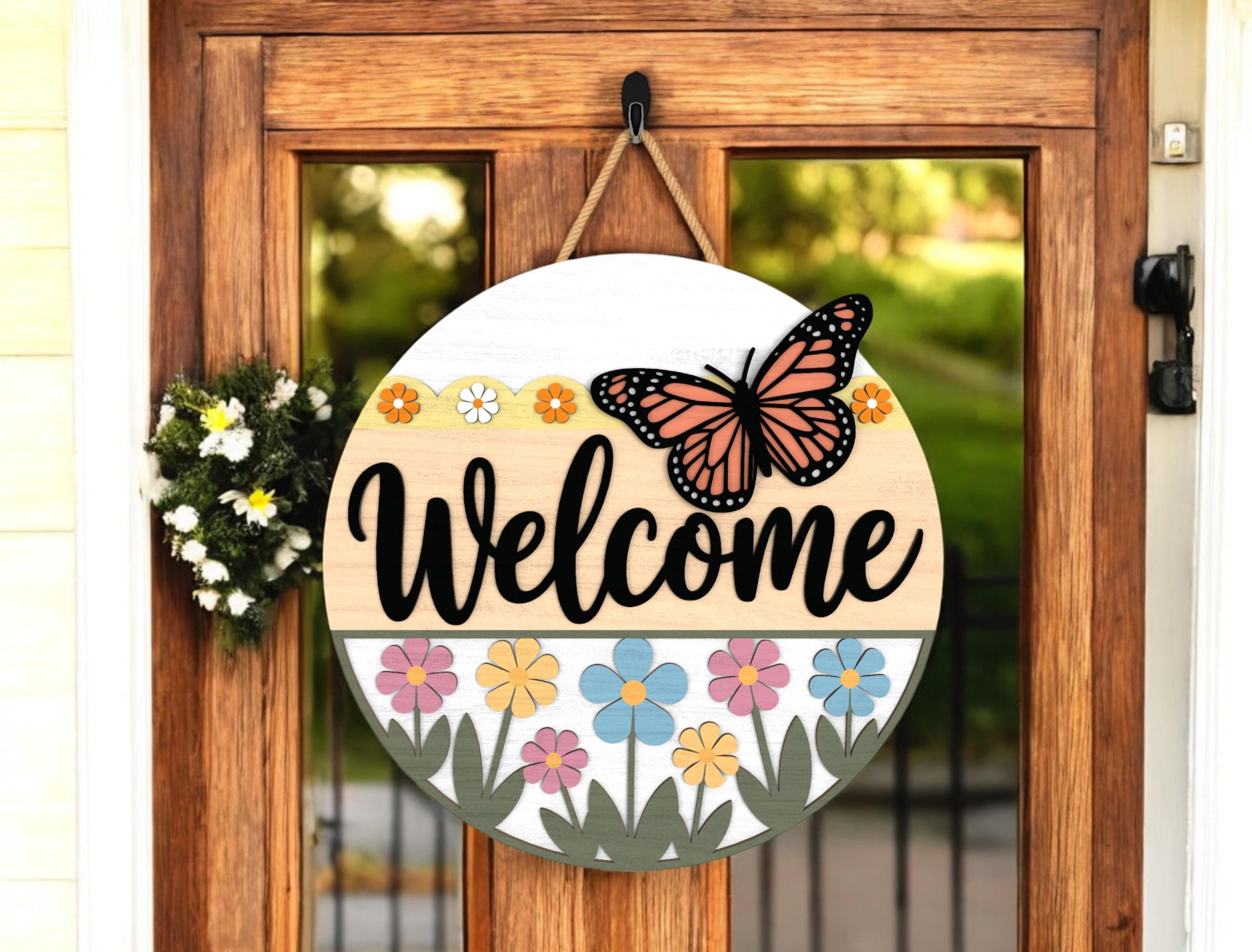Floral Door hanger, Door hanger for summer, Butterfly Welcome Sign, Spring Summer Porch Decor, Farmhouse Garden Welcome Round