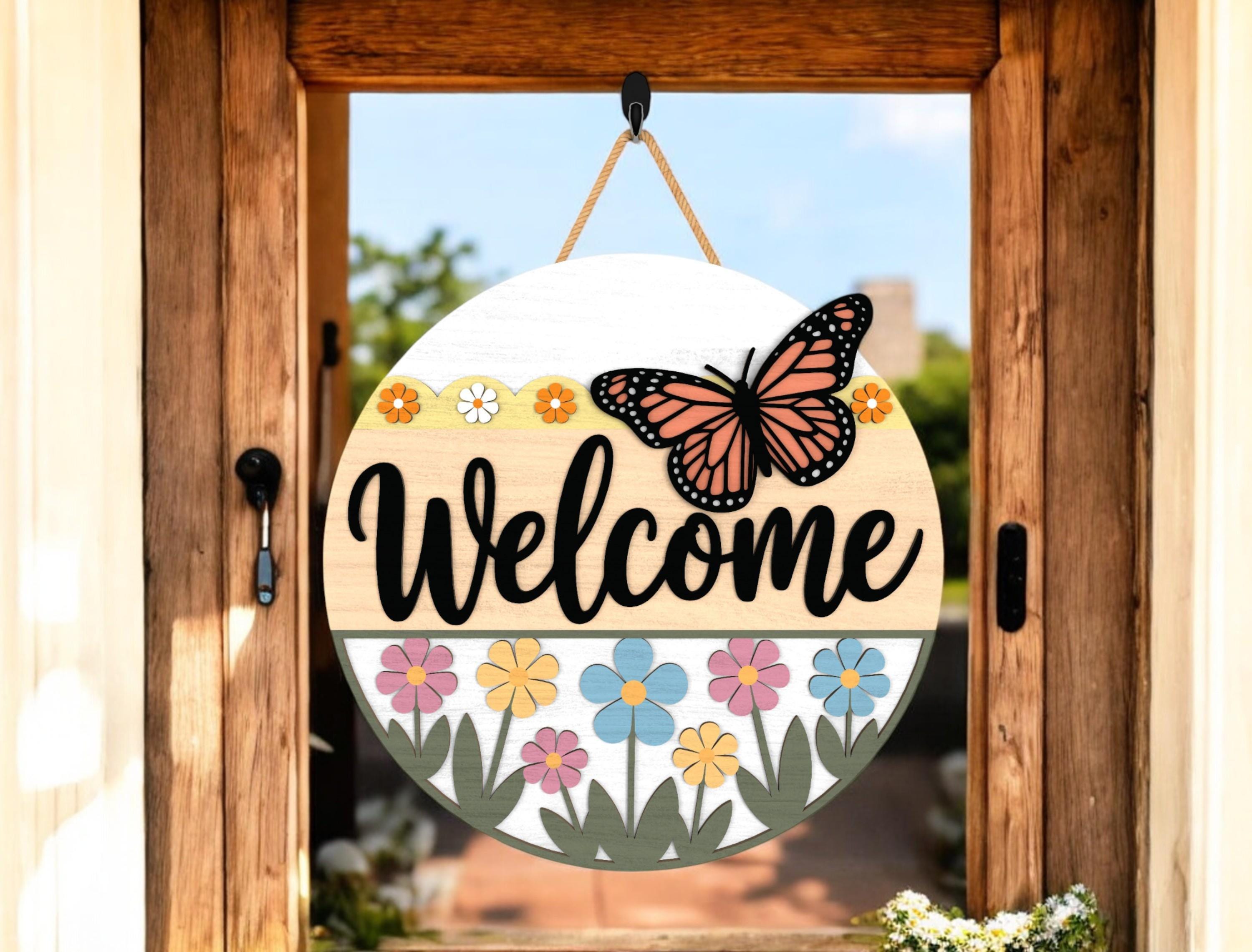 Floral Door hanger, Door hanger for summer, Butterfly Welcome Sign, Spring Summer Porch Decor, Farmhouse Garden Welcome Round