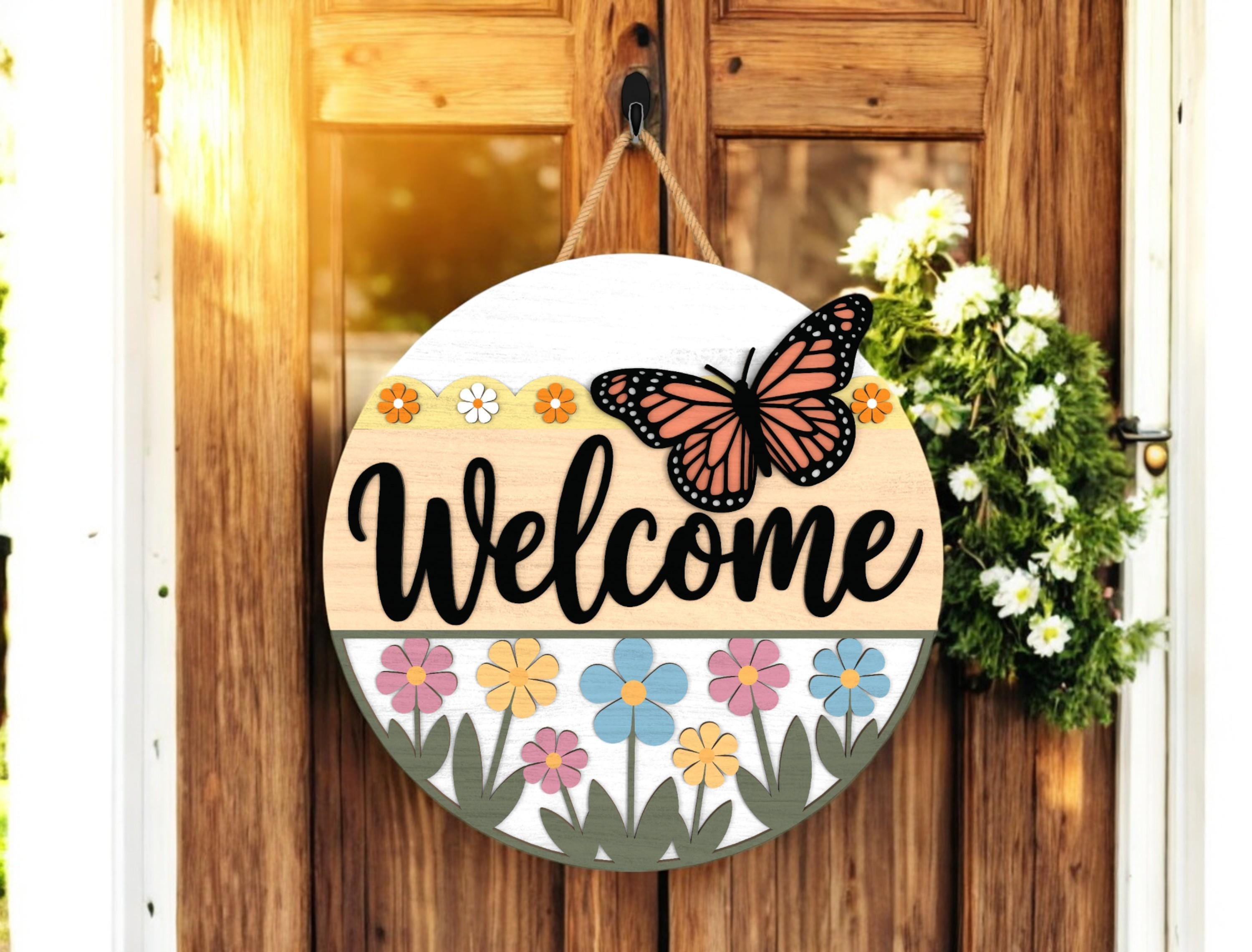 Floral Door hanger, Door hanger for summer, Butterfly Welcome Sign, Spring Summer Porch Decor, Farmhouse Garden Welcome Round