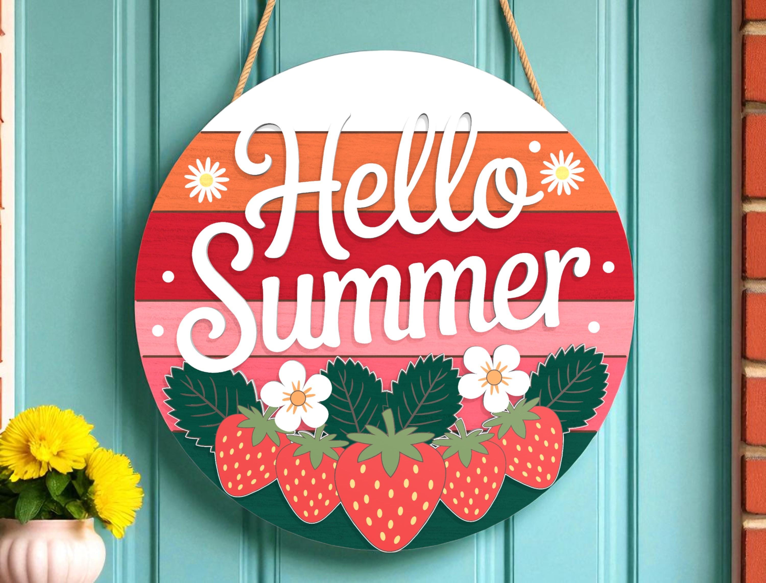 Hello Summer Strawberry Door Hanger | Summer Door Sign | Colorful Layered Round Door Decor | Fruit Porch Welcome Gift