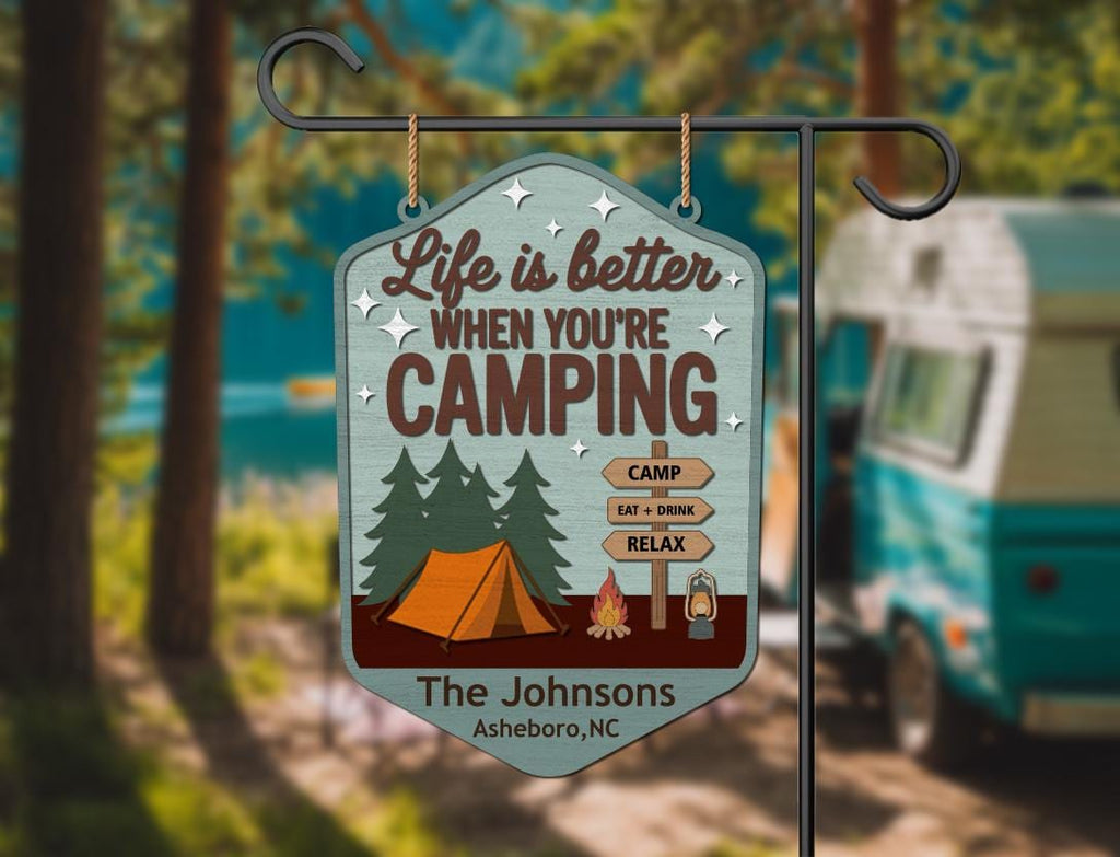 Custom Camping Welcome Sign – Personalized Campsite Decor with RV or Tent Option – Family Name Yard Sign for Campground