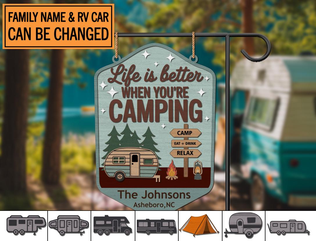 Custom Camping Welcome Sign – Personalized Campsite Decor with RV or Tent Option – Family Name Yard Sign for Campground