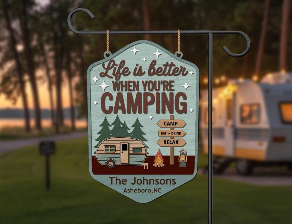 Custom Camping Welcome Sign – Personalized Campsite Decor with RV or Tent Option – Family Name Yard Sign for Campground