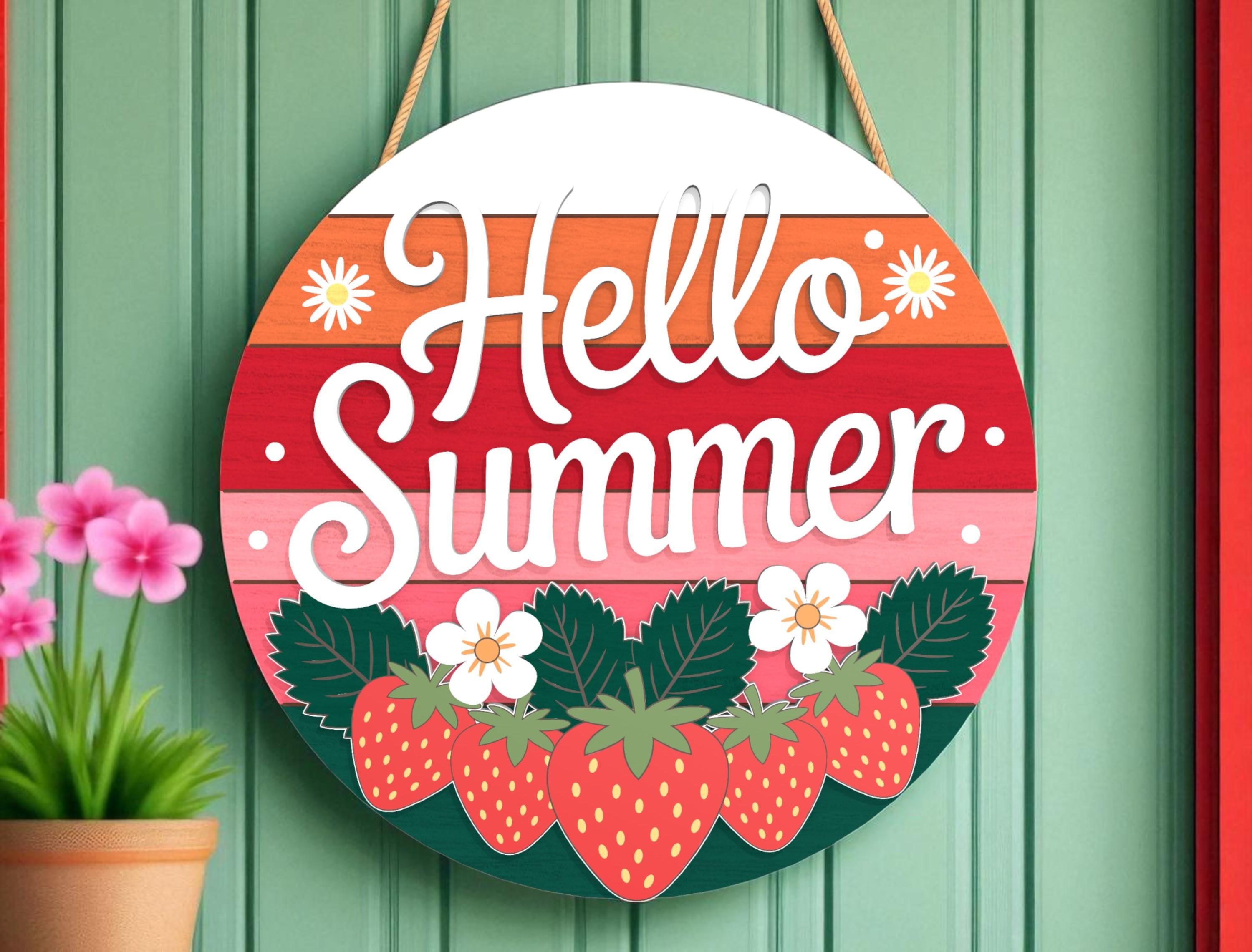 Hello Summer Strawberry Door Hanger | Summer Door Sign | Colorful Layered Round Door Decor | Fruit Porch Welcome Gift