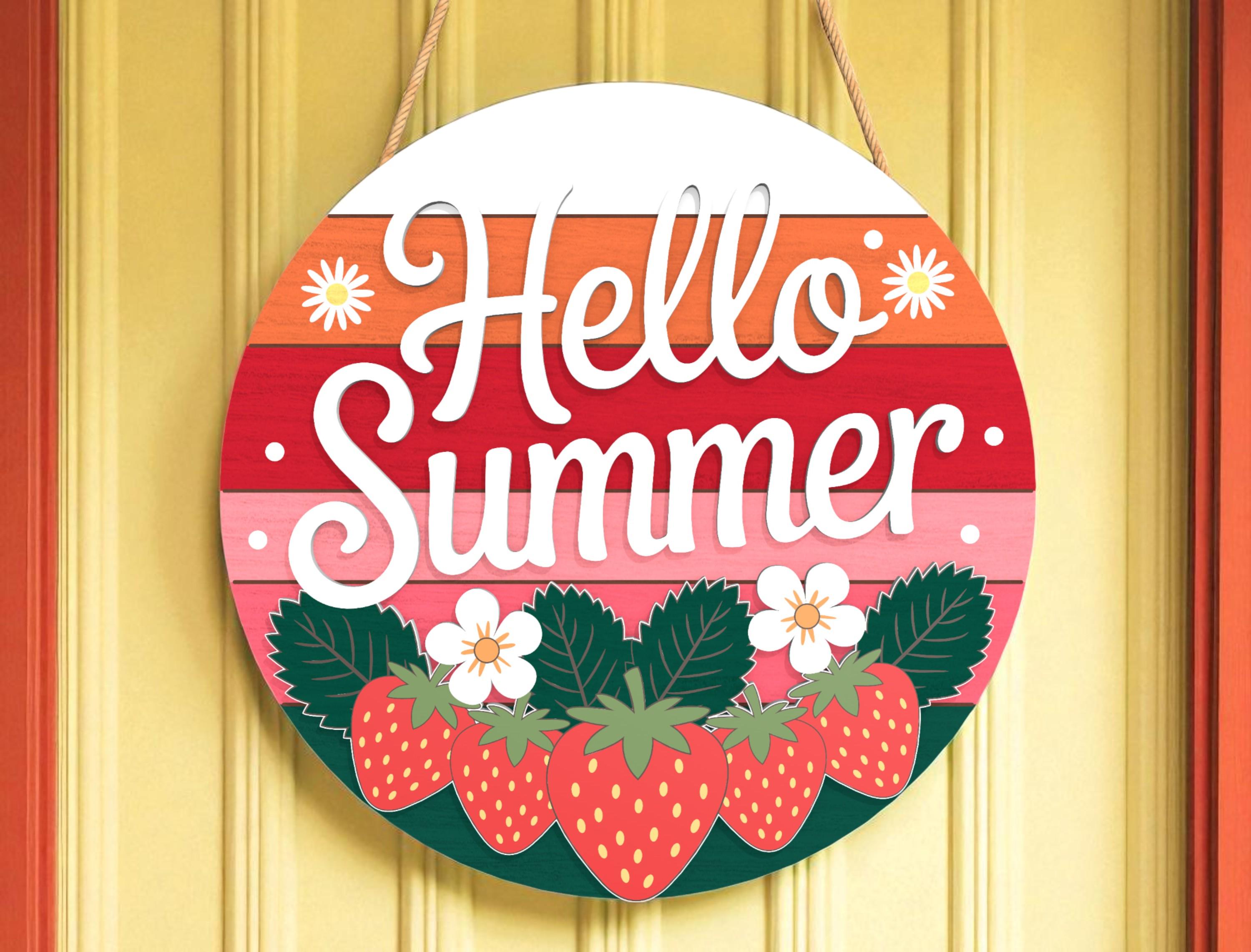 Hello Summer Strawberry Door Hanger | Summer Door Sign | Colorful Layered Round Door Decor | Fruit Porch Welcome Gift