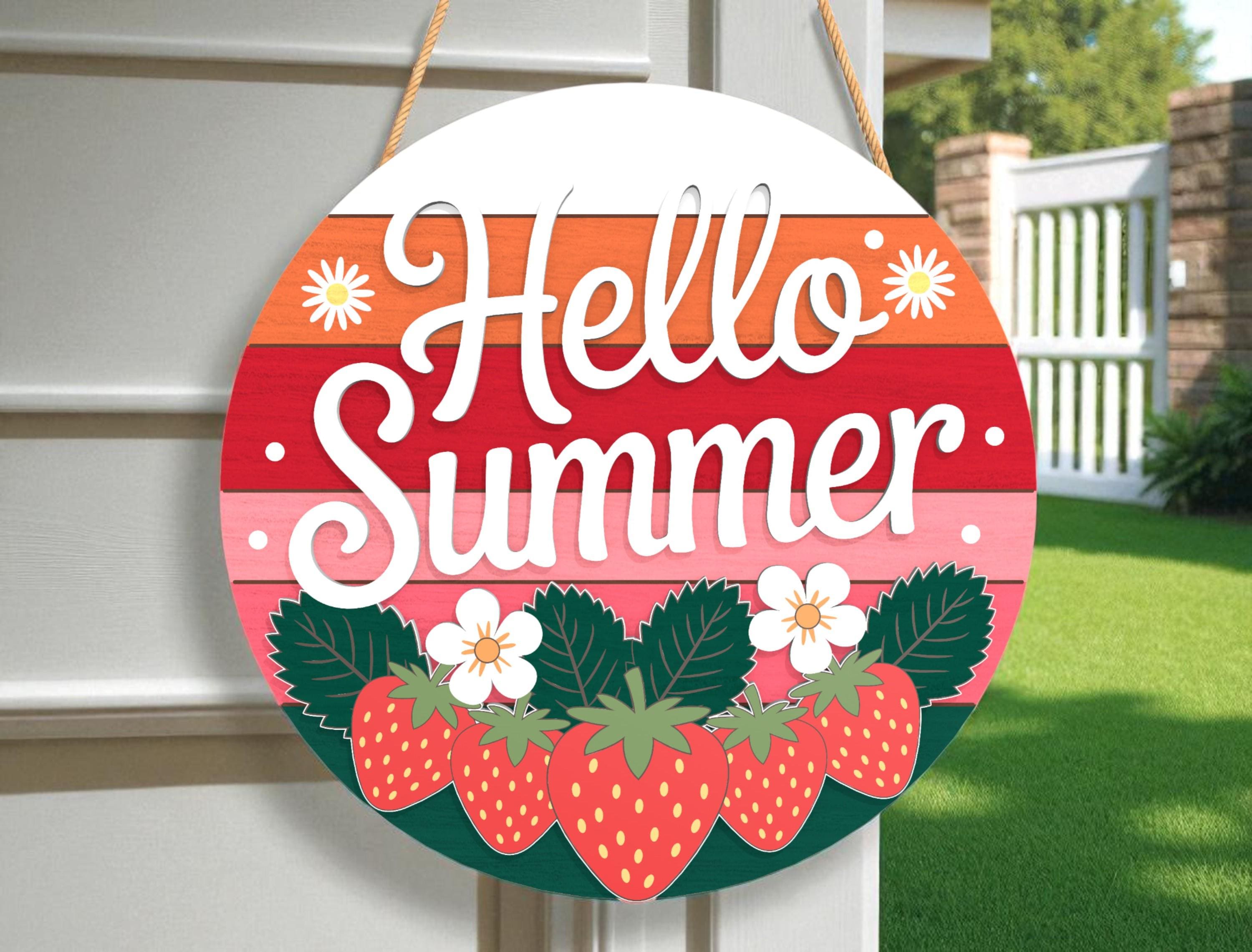 Hello Summer Strawberry Door Hanger | Summer Door Sign | Colorful Layered Round Door Decor | Fruit Porch Welcome Gift