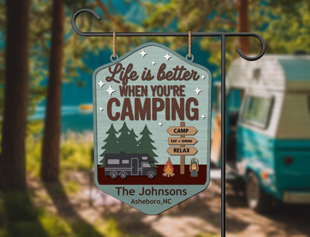 Custom Camping Welcome Sign – Personalized Campsite Decor with RV or Tent Option – Family Name Yard Sign for Campground