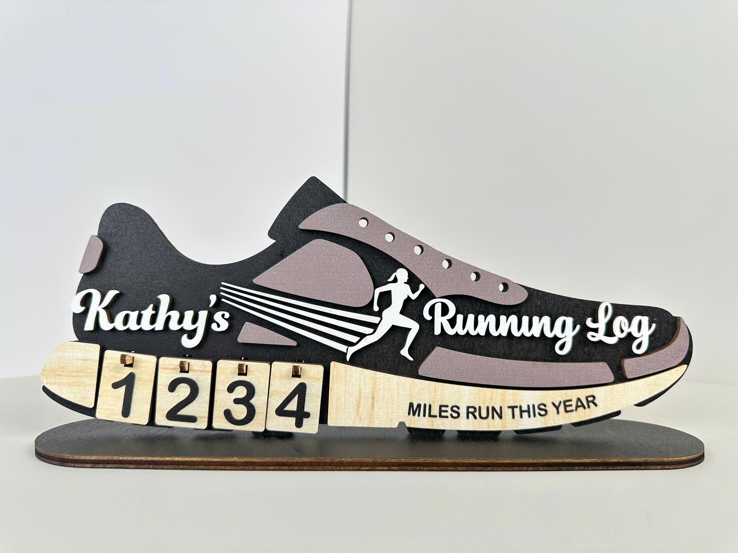 Personalized Running Miles Tracker Sign, Custom Shoe Shelf Decor, Miles Run This Year Counter, Gift for Runners