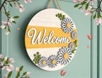 Daisy Welcome Door Hanger | Round Wooden Front Door Sign | Floral Spring Home Decor | Yellow Flower Porch Art | Summer Housewarming Gift