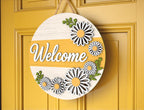 Daisy Welcome Door Hanger | Round Wooden Front Door Sign | Floral Spring Home Decor | Yellow Flower Porch Art | Summer Housewarming Gift
