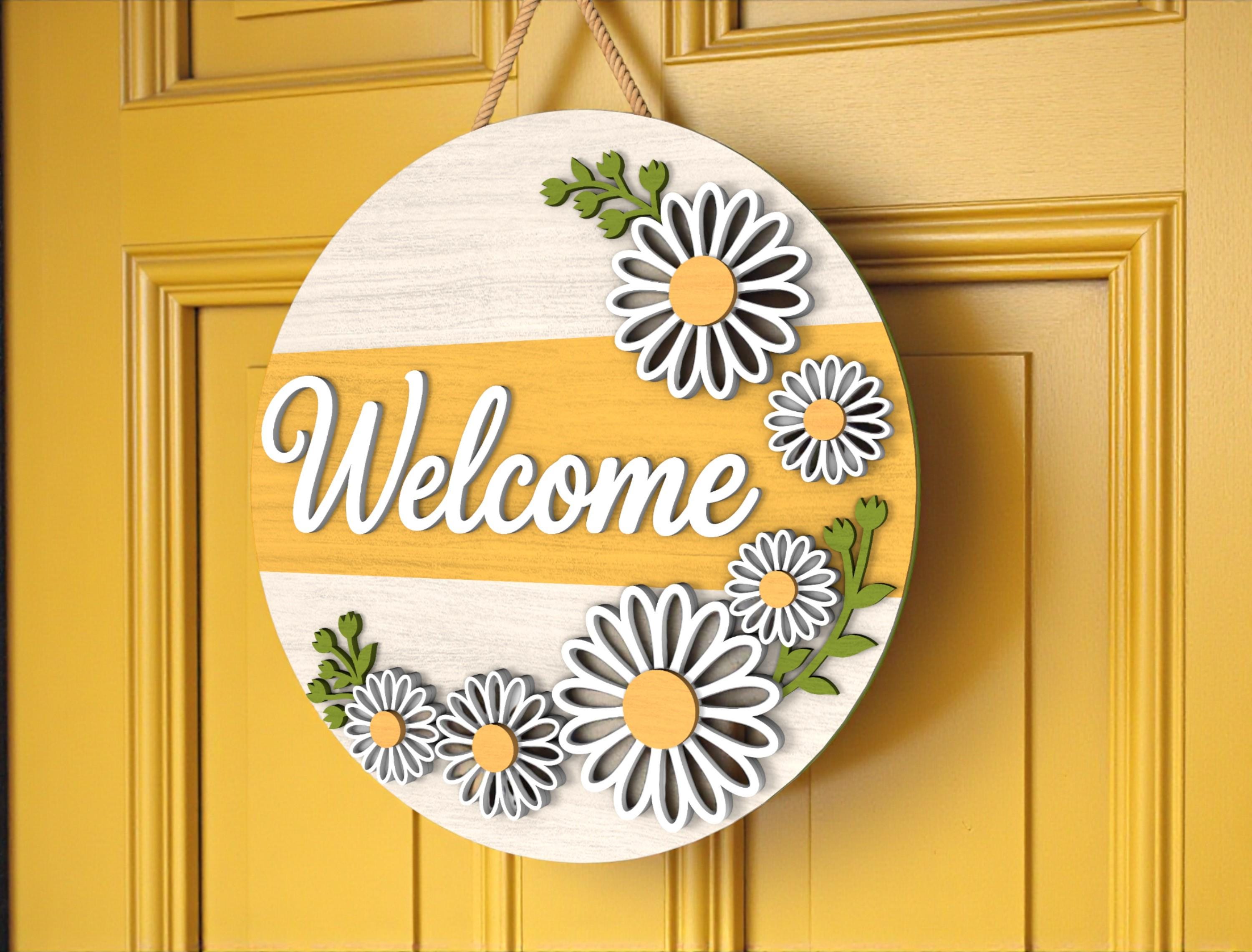 Daisy Welcome Door Hanger | Round Wooden Front Door Sign | Floral Spring Home Decor | Yellow Flower Porch Art | Summer Housewarming Gift
