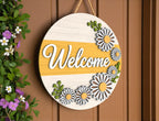 Daisy Welcome Door Hanger | Round Wooden Front Door Sign | Floral Spring Home Decor | Yellow Flower Porch Art | Summer Housewarming Gift