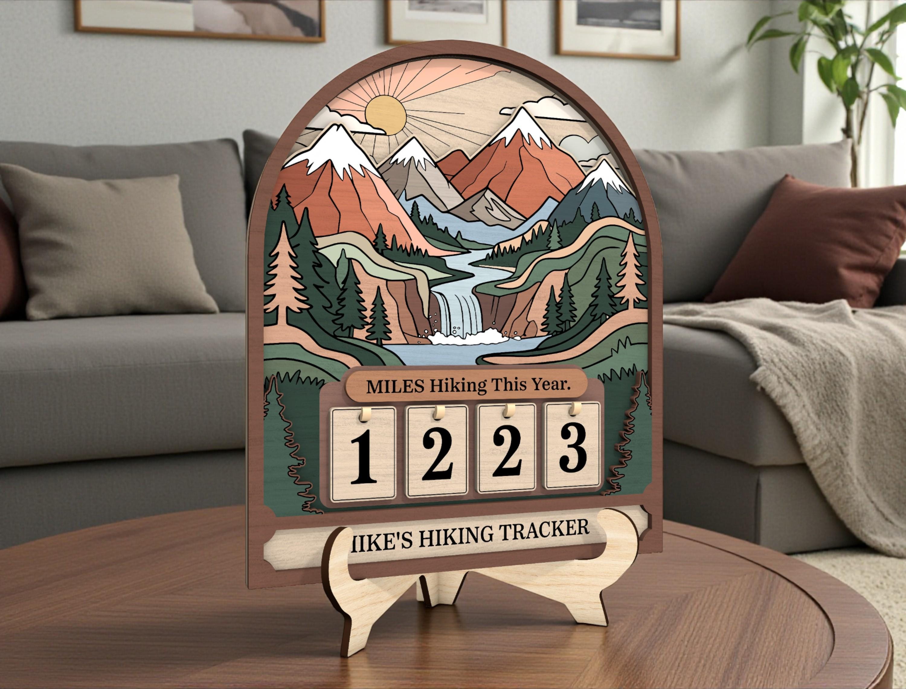 Personalized Hiking Miles Tracker, Miles Hiking This Year Sign, Custom Name Wooden Hiking Counter, Mountain Adventure Decor
