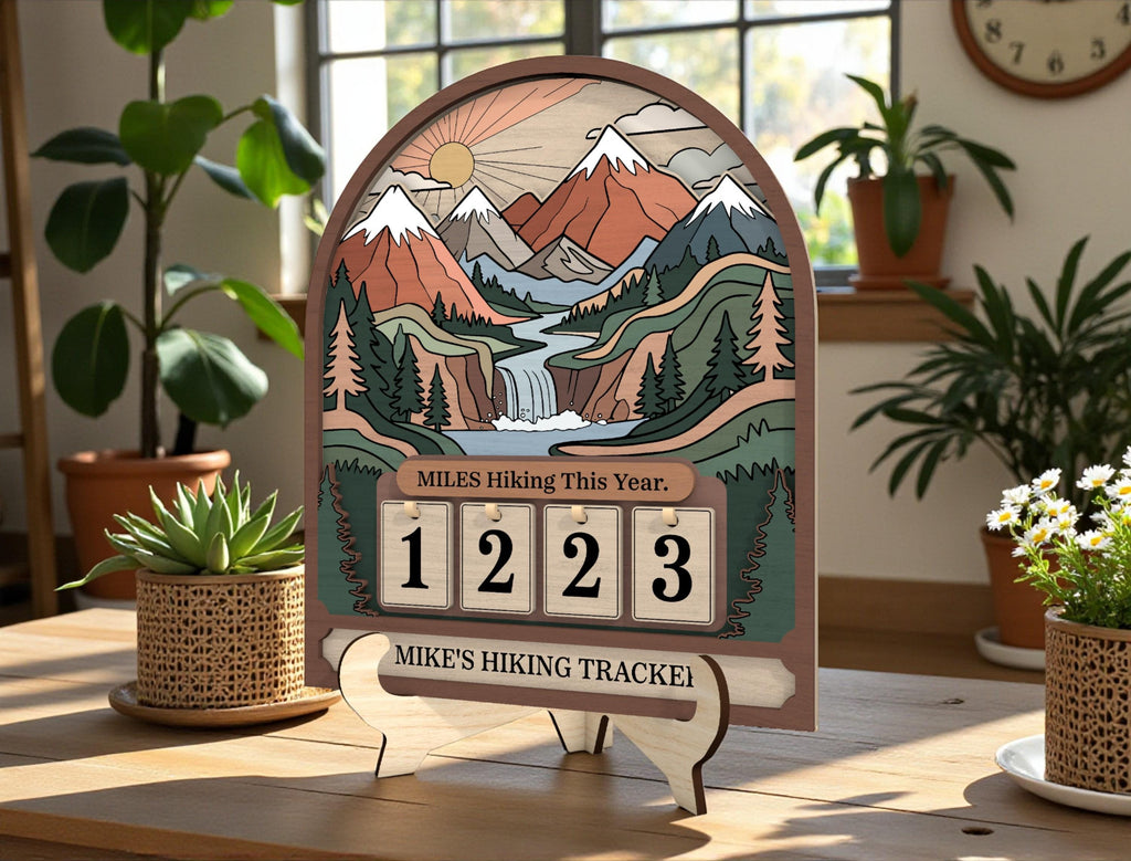 Personalized Hiking Miles Tracker, Miles Hiking This Year Sign, Custom Name Wooden Hiking Counter, Mountain Adventure Decor