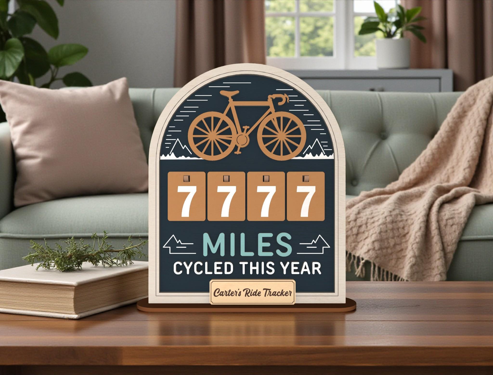 Personalized Miles Cycled Tracker Wooden Sign, Cycling Mileage Counter Tabletop Decor, Custom Bike Ride Tracker, Cyclist Gift