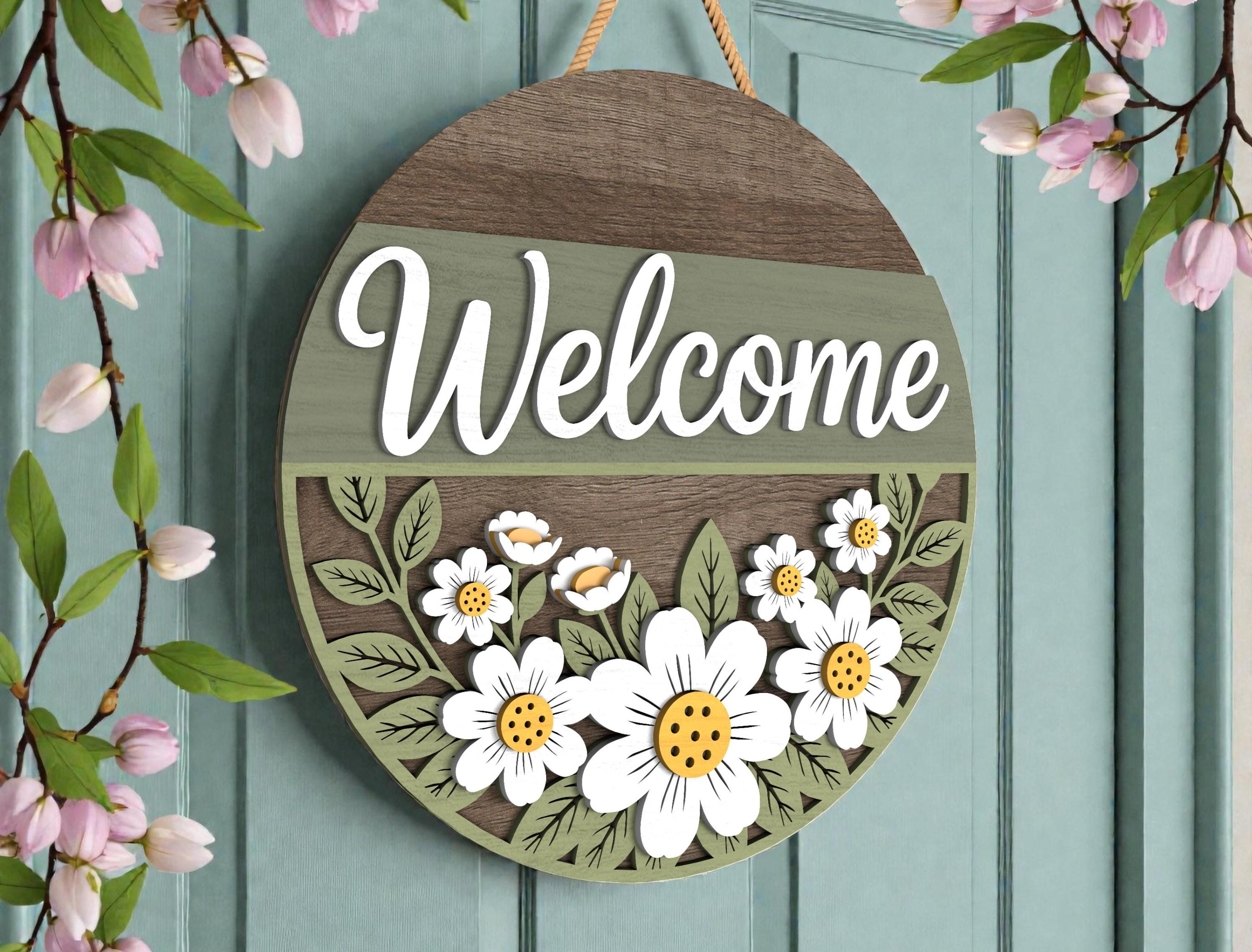 Daisy Welcome Sign | Round Wooden Door Hanger | Floral Porch Decor | Spring Front Door Wreath | New Home Housewarming Gift