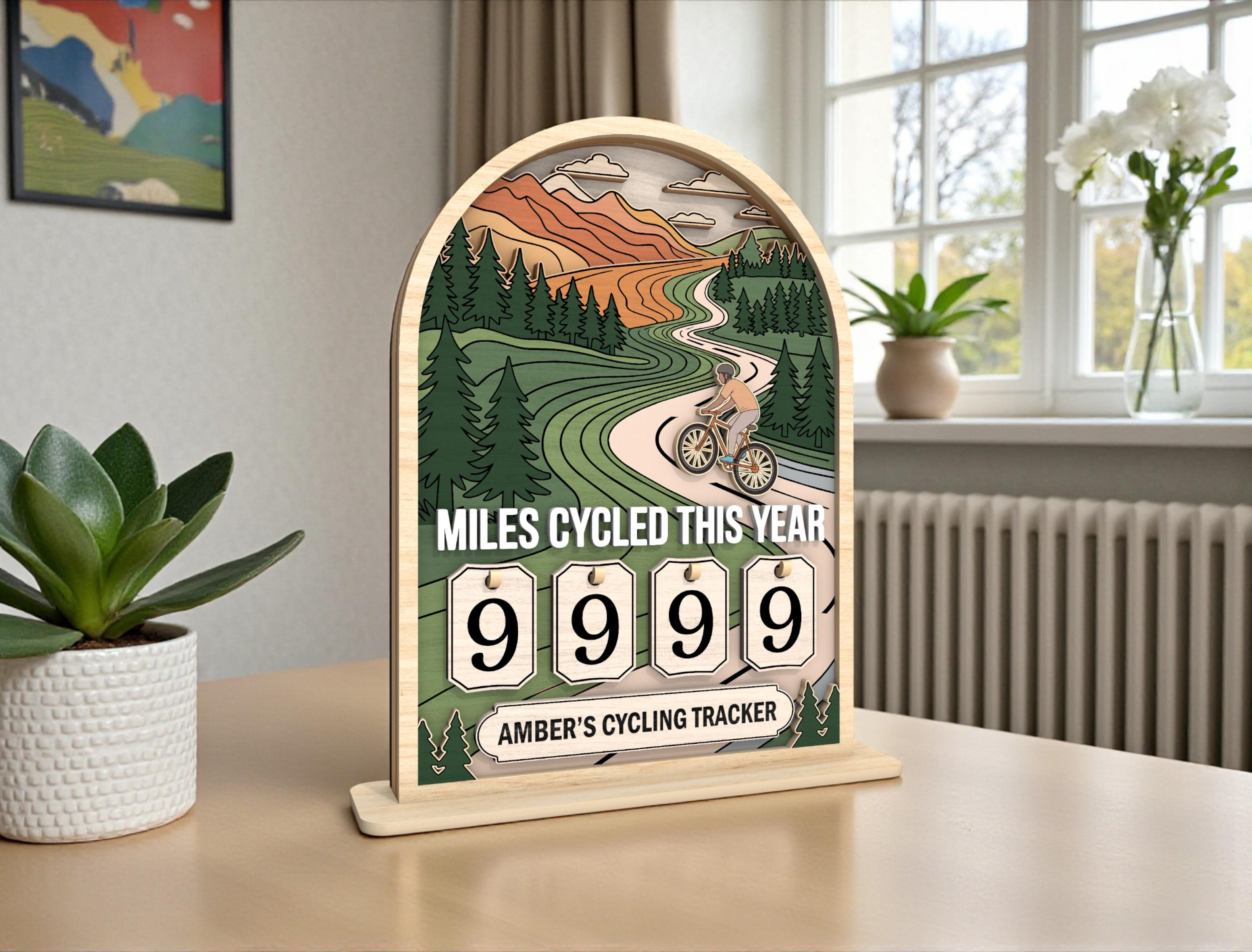 Vintage Wooden Cycling Tracker Sign, Personalized Miles Cycled This Year Counter, Custom Bike Mileage Tracker, Gift for Cyclists