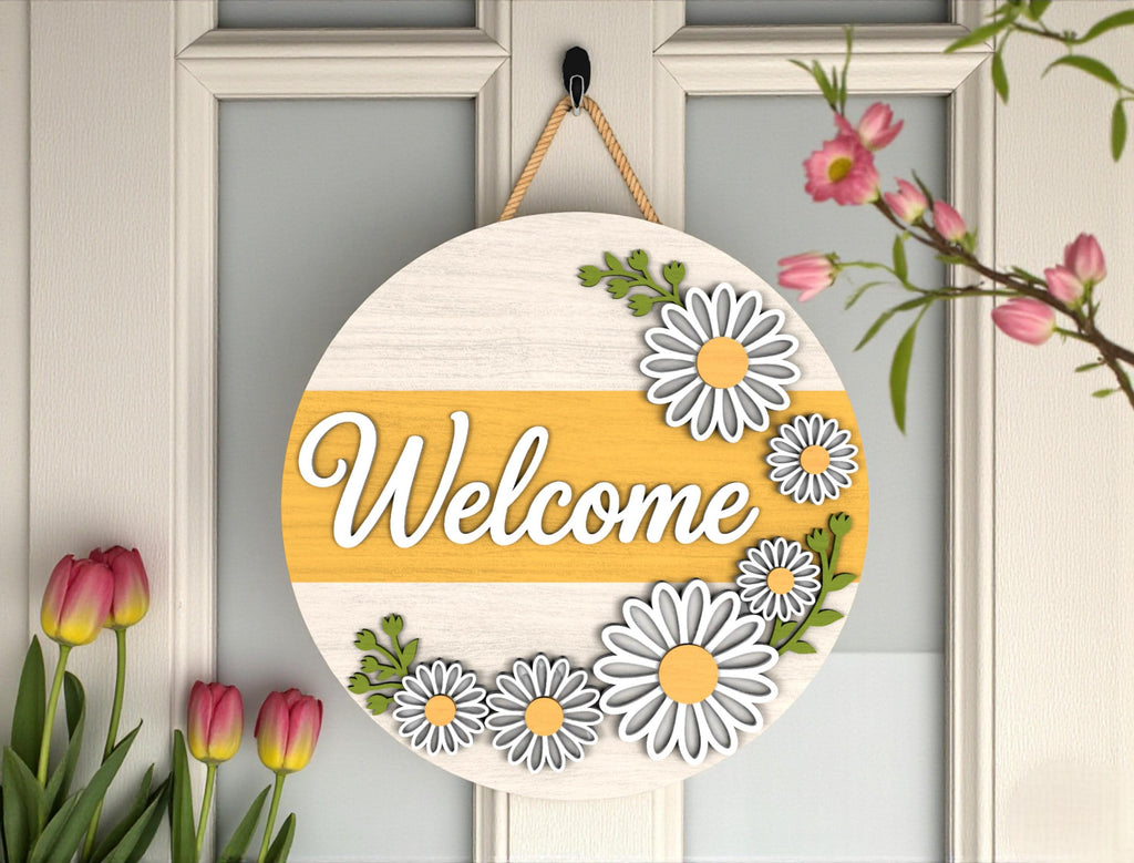 Daisy Welcome Door Hanger | Round Wooden Front Door Sign | Floral Spring Home Decor | Yellow Flower Porch Art | Summer Housewarming Gift