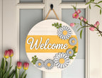 Daisy Welcome Door Hanger | Round Wooden Front Door Sign | Floral Spring Home Decor | Yellow Flower Porch Art | Summer Housewarming Gift