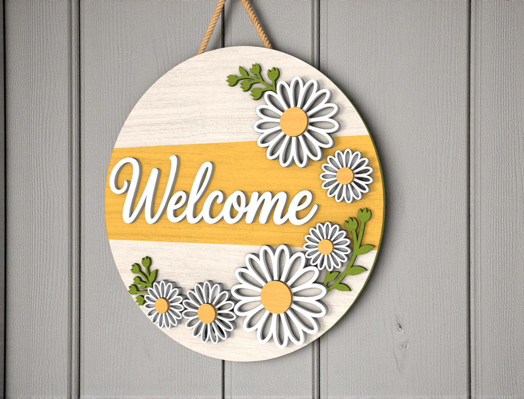 Daisy Welcome Door Hanger | Round Wooden Front Door Sign | Floral Spring Home Decor | Yellow Flower Porch Art | Summer Housewarming Gift