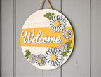 Daisy Welcome Door Hanger | Round Wooden Front Door Sign | Floral Spring Home Decor | Yellow Flower Porch Art | Summer Housewarming Gift