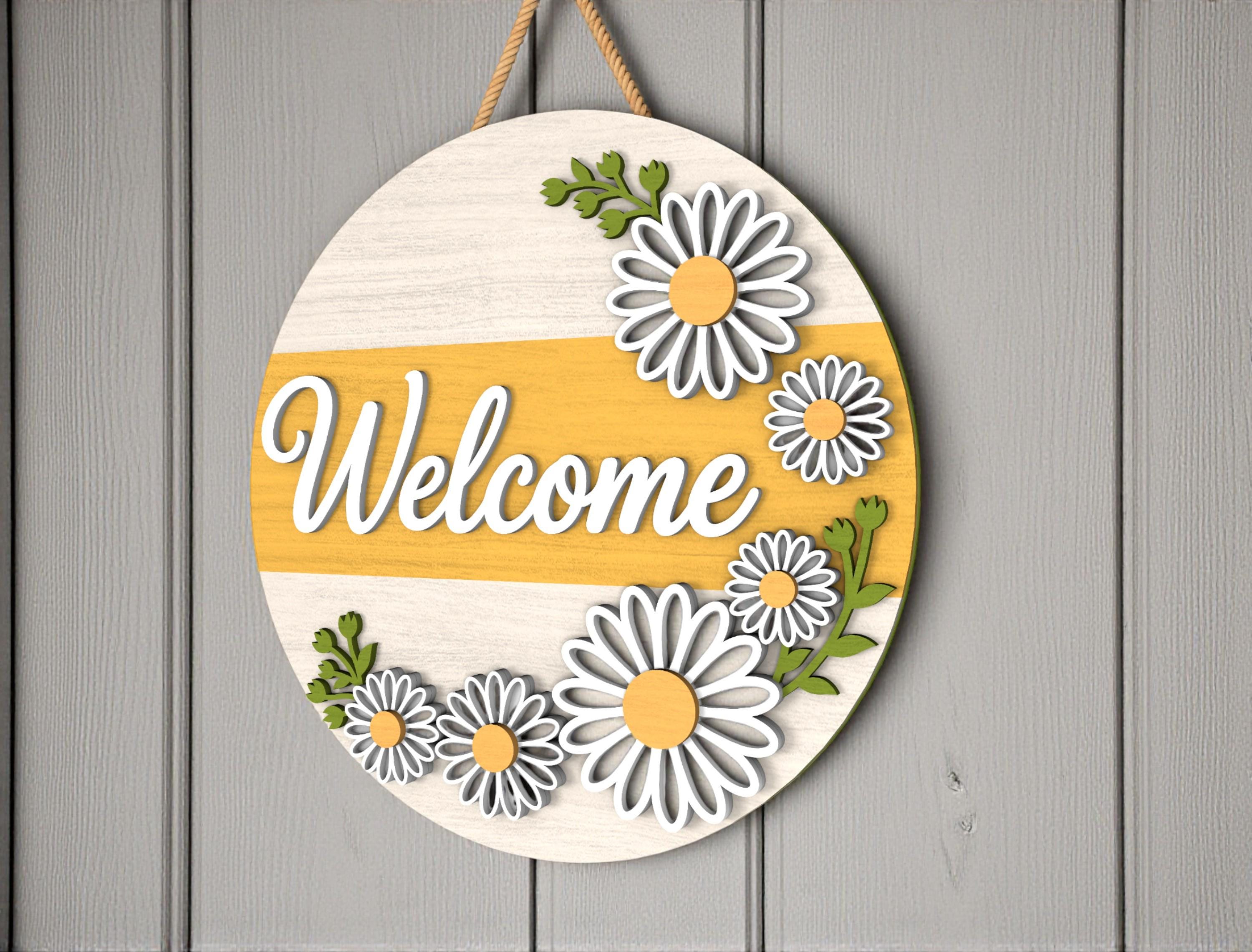 Daisy Welcome Door Hanger | Round Wooden Front Door Sign | Floral Spring Home Decor | Yellow Flower Porch Art | Summer Housewarming Gift