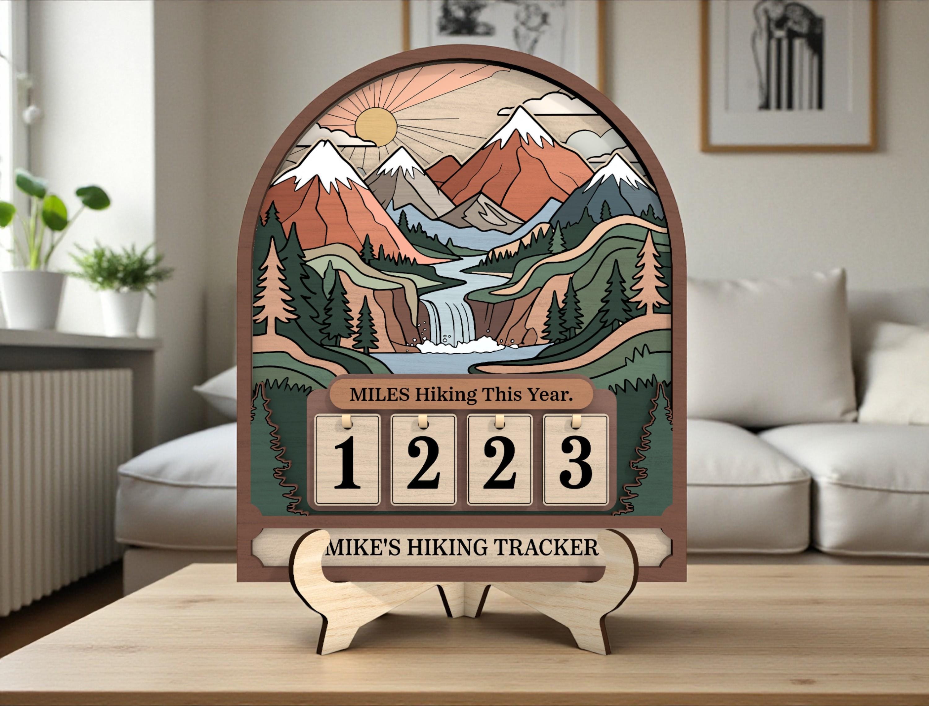 Personalized Hiking Miles Tracker, Miles Hiking This Year Sign, Custom Name Wooden Hiking Counter, Mountain Adventure Decor
