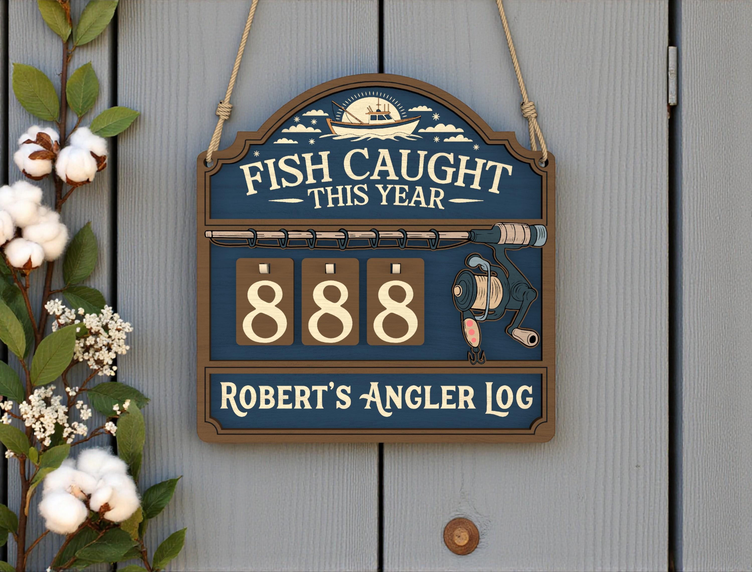 Personalized Fish Caught This Year Wooden Hanging Tracker, Custom Angler Log Sign, Fishing Catch Counter, Fisherman Gift Decor